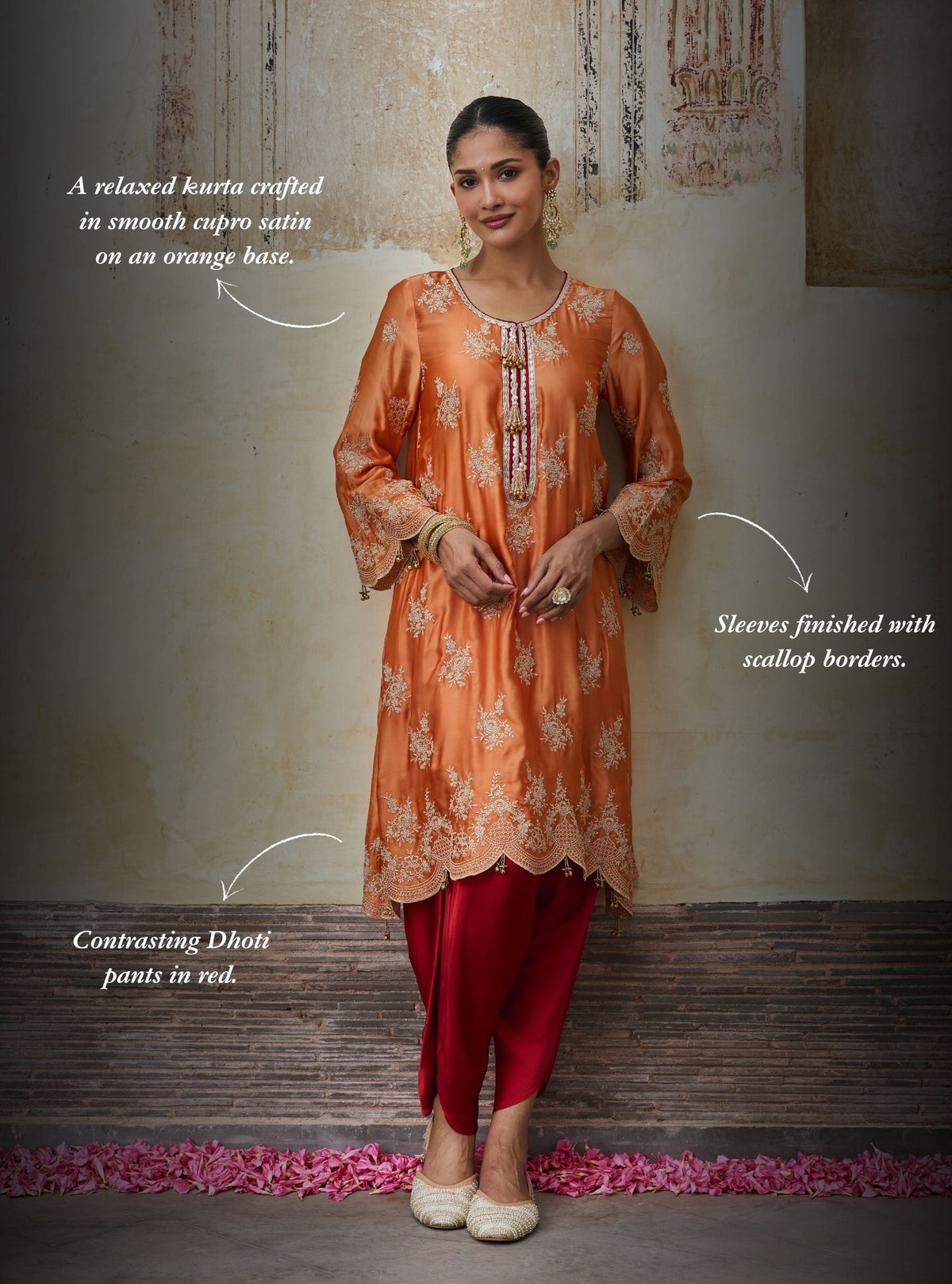 Saazni Cupro Satin Orange Kurta with Red Dhoti Pants