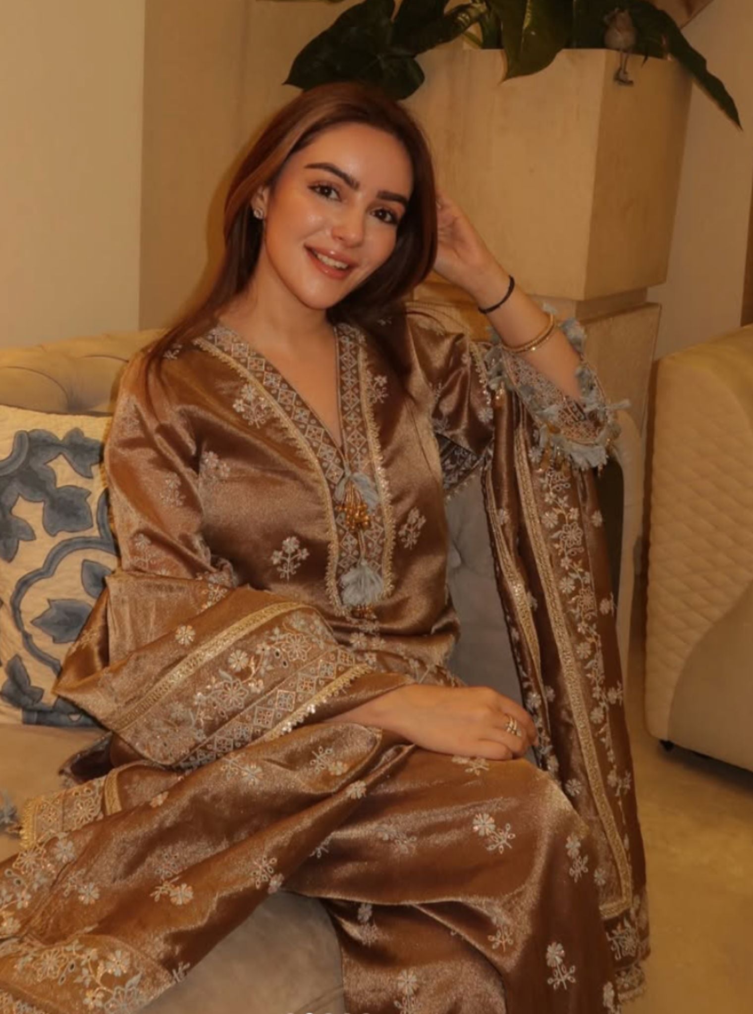 Lovi Tissue Pista Brown Kurta With Farshi Salwar