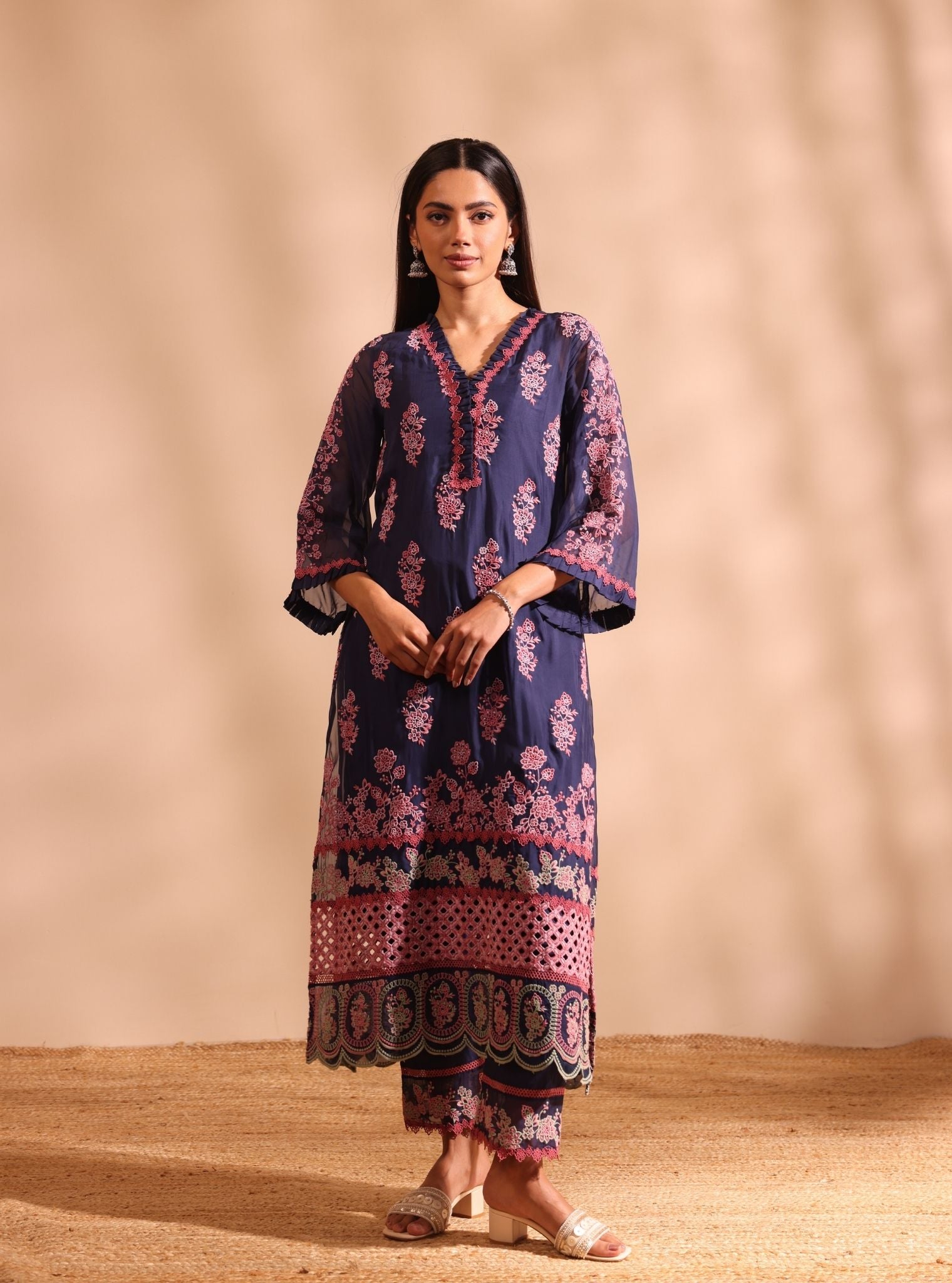 Mulmul Organza Valara Navy Kurta With Mulmul Cotton Valara Navy Pant