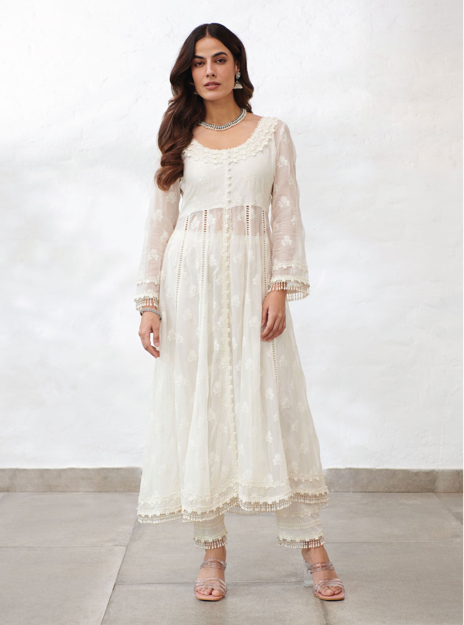 Mulmul Organza Somerset Off White Anarkali Kurta With Cotton Somerset Off White Pant