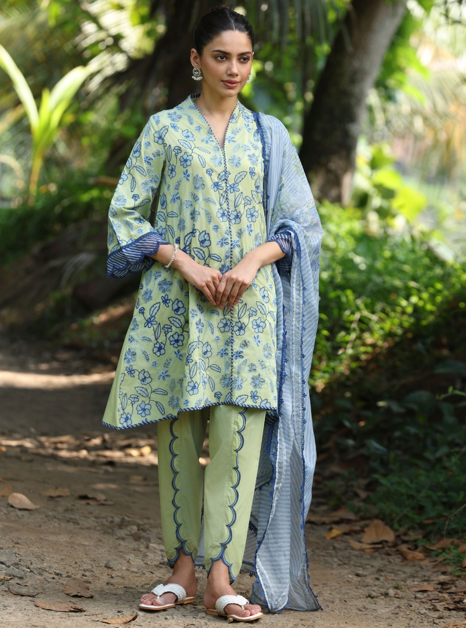 Mulmul Cotton Abia Light Green kurta With Mulmul Cotton Abia Light Green Dhoti Pant