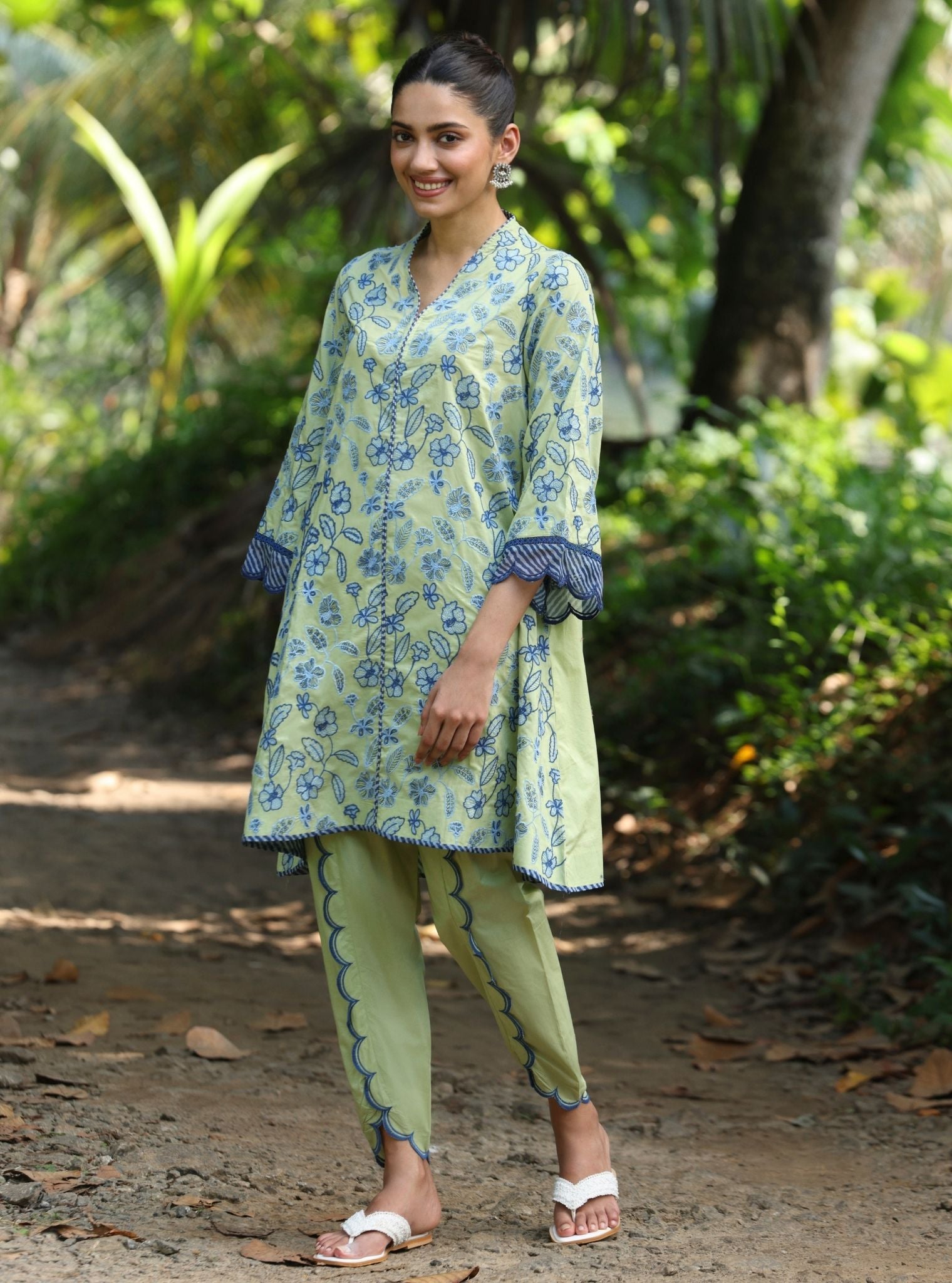Mulmul Cotton Abia Light Green kurta With Mulmul Cotton Abia Light Green Dhoti Pant