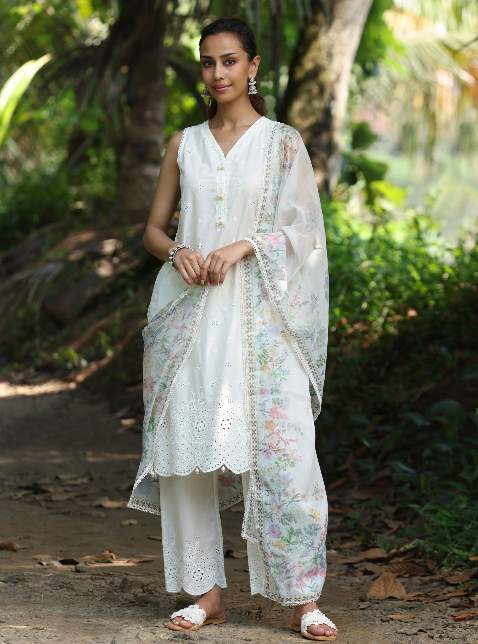 Mulmul Cotton Kora White Kurta With Mulmul Cotton Kora White Pant