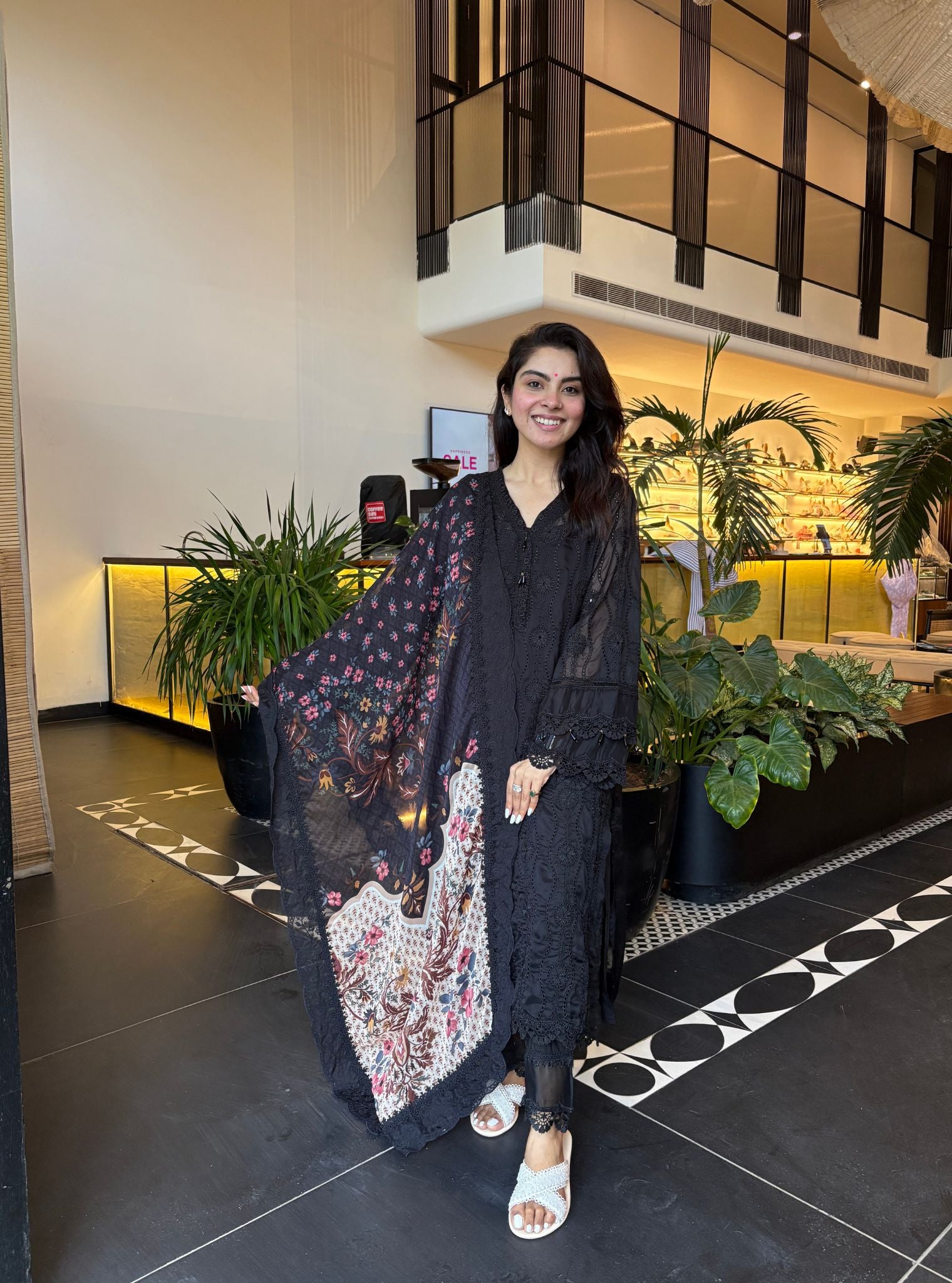 Mulmul Organza Izetta Black Kurta With Mulmul Cotton Izetta Black Pant