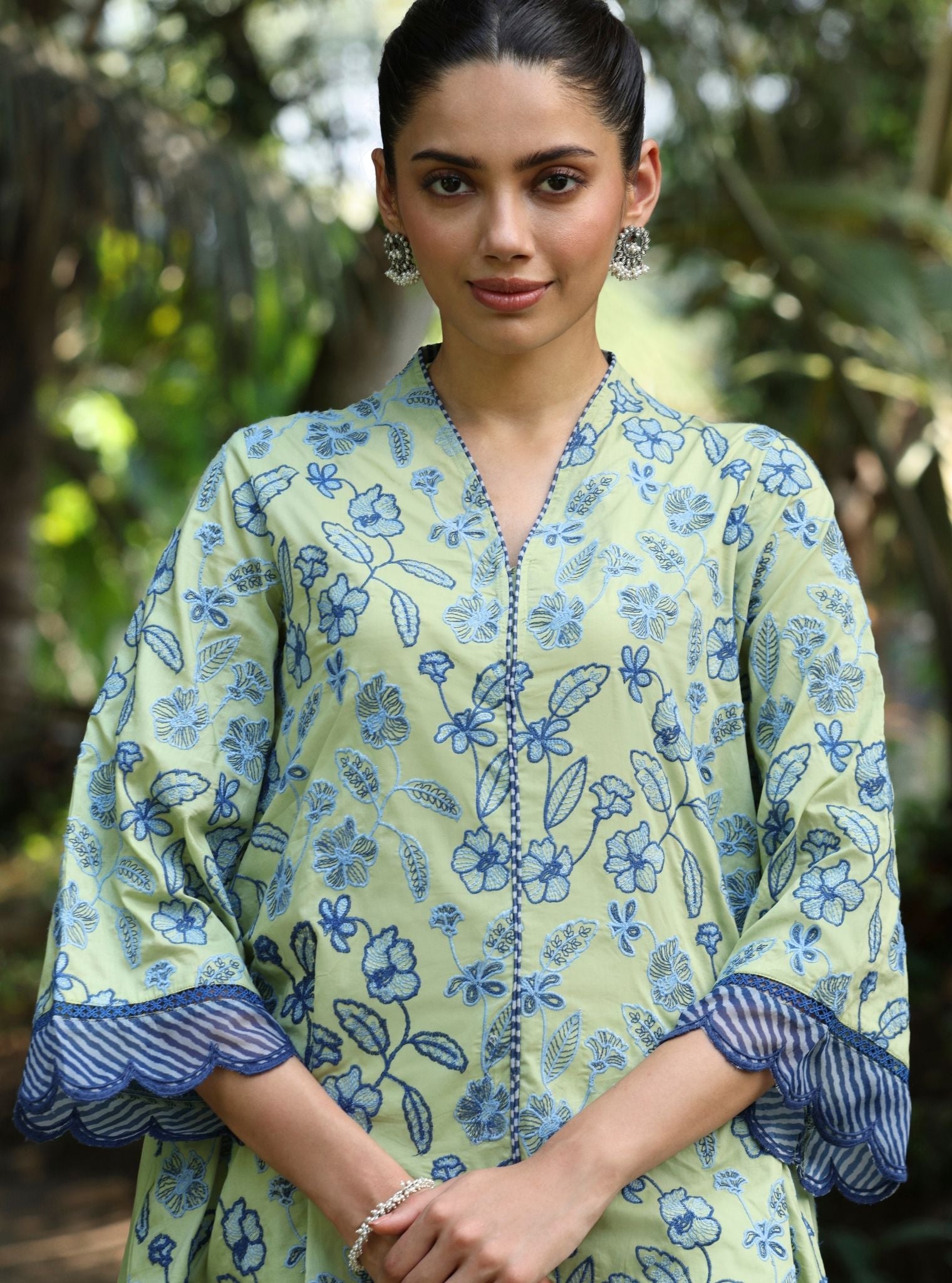 Mulmul Cotton Abia Light Green kurta With Mulmul Cotton Abia Light Green Dhoti Pant