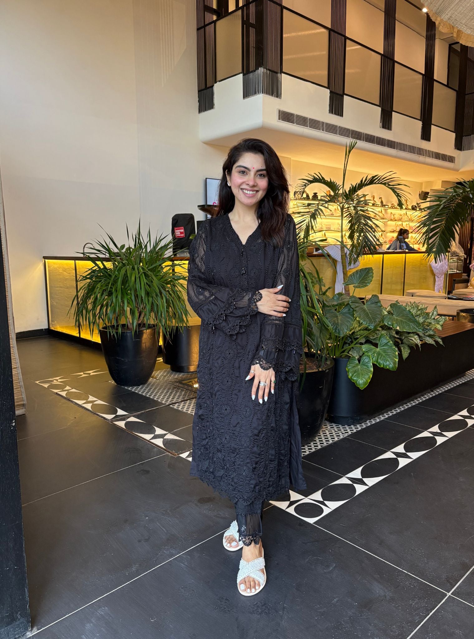 Mulmul Organza Izetta Black Kurta With Mulmul Cotton Izetta Black Pant