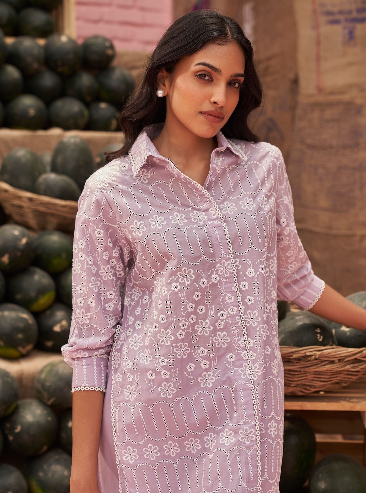 Mulmul Cotton Heli Lilac Long Kurta With Mulmul Cotton Heli Lilac Pant