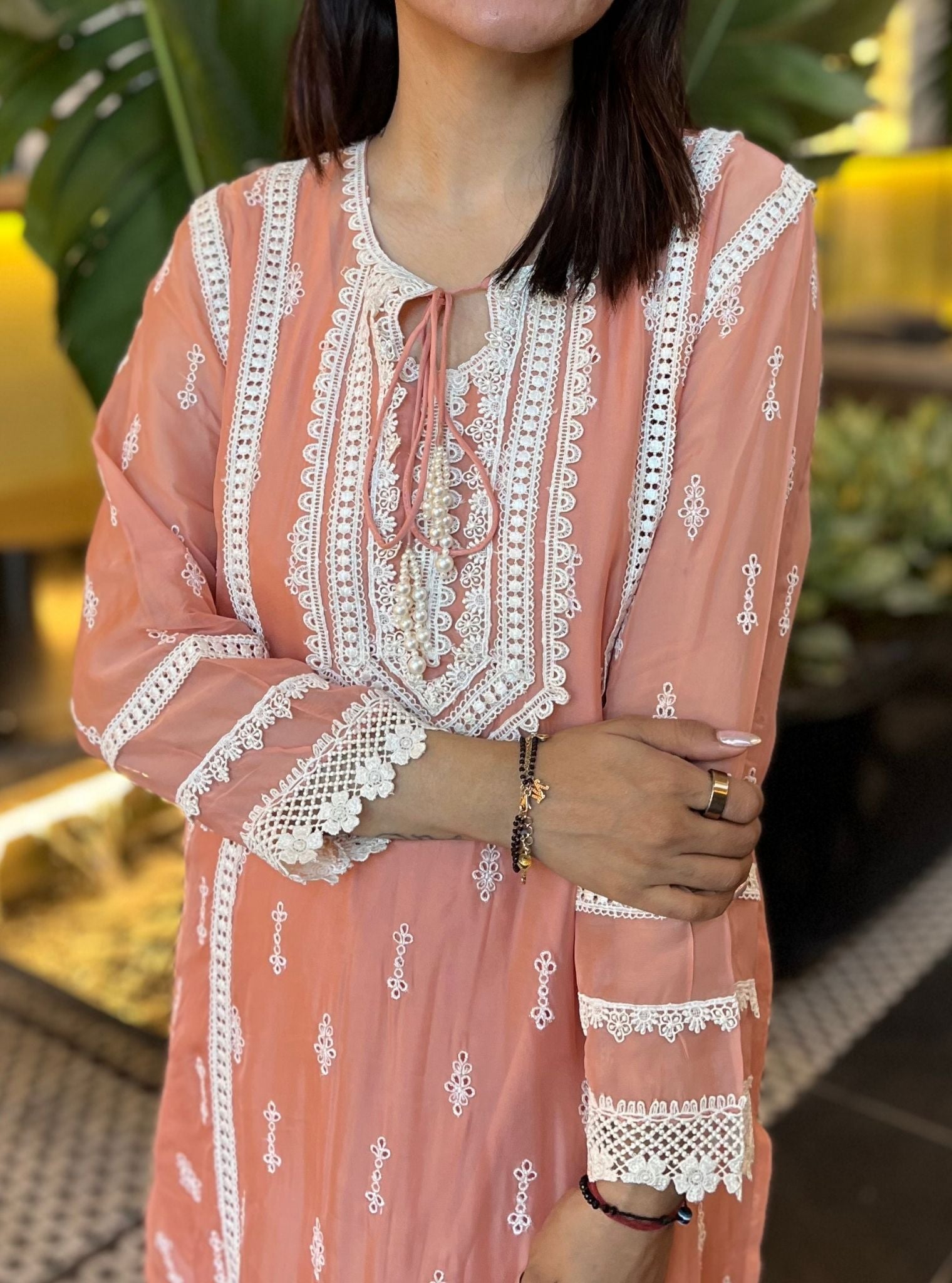 Mulmul Organza Delie Peach Kurta With Mulmul Cotton Delie Peach Pant