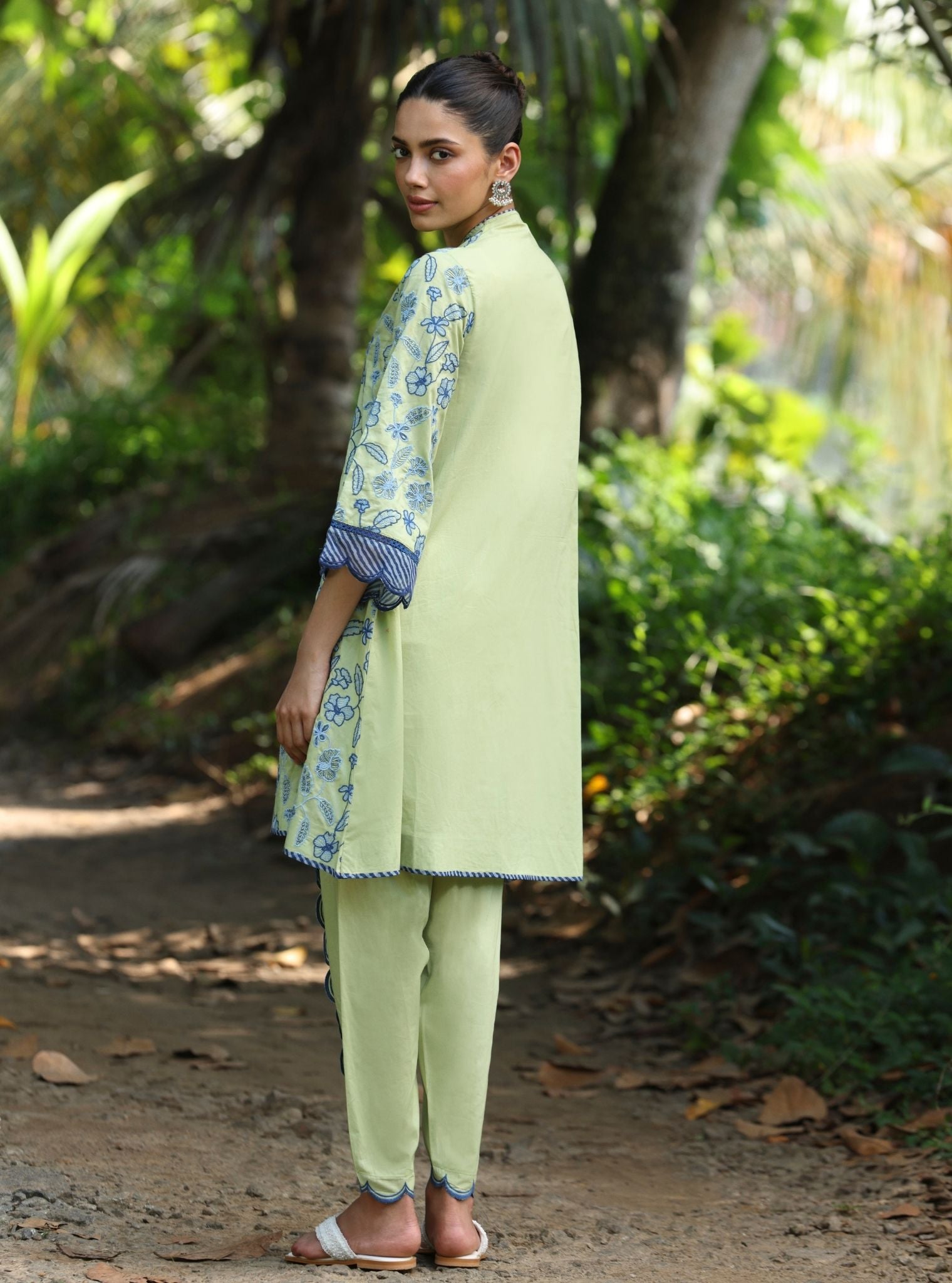 Mulmul Cotton Abia Light Green kurta With Mulmul Cotton Abia Light Green Dhoti Pant