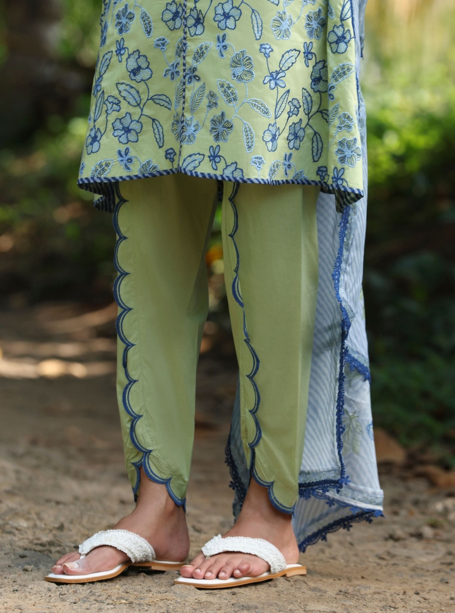 Mulmul Cotton Abia Light Green kurta With Mulmul Cotton Abia Light Green Dhoti Pant