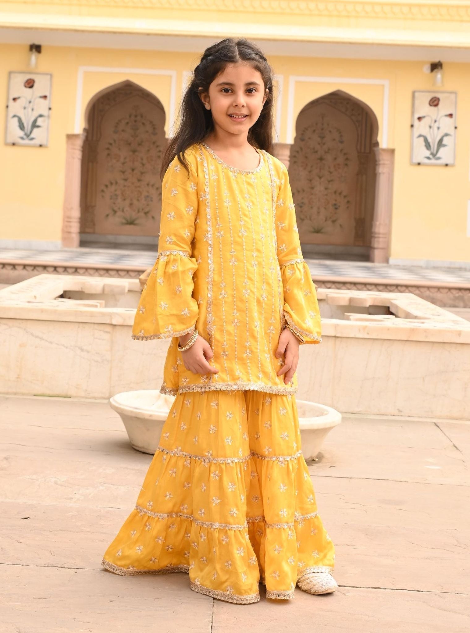 Mulmul Modal Satin Pyaari Yellow Kurta with Mulmul Modal Satin Pyaari Yellow Garara