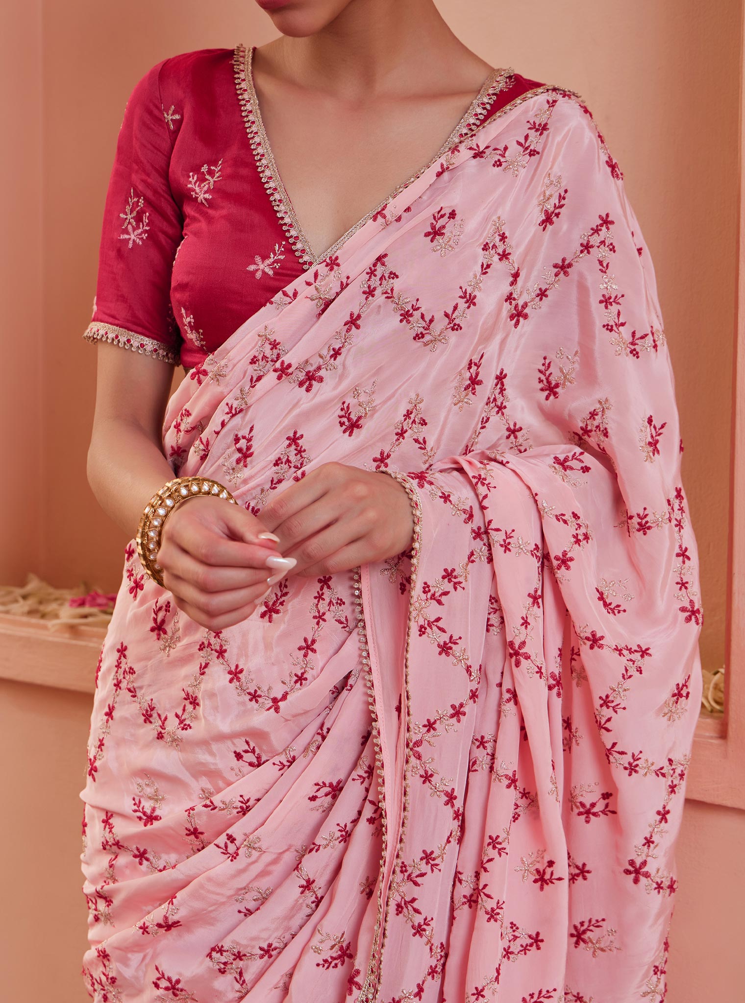 Mulmul Crepe Tavisi Pink Pre-Stitched??¨Saree