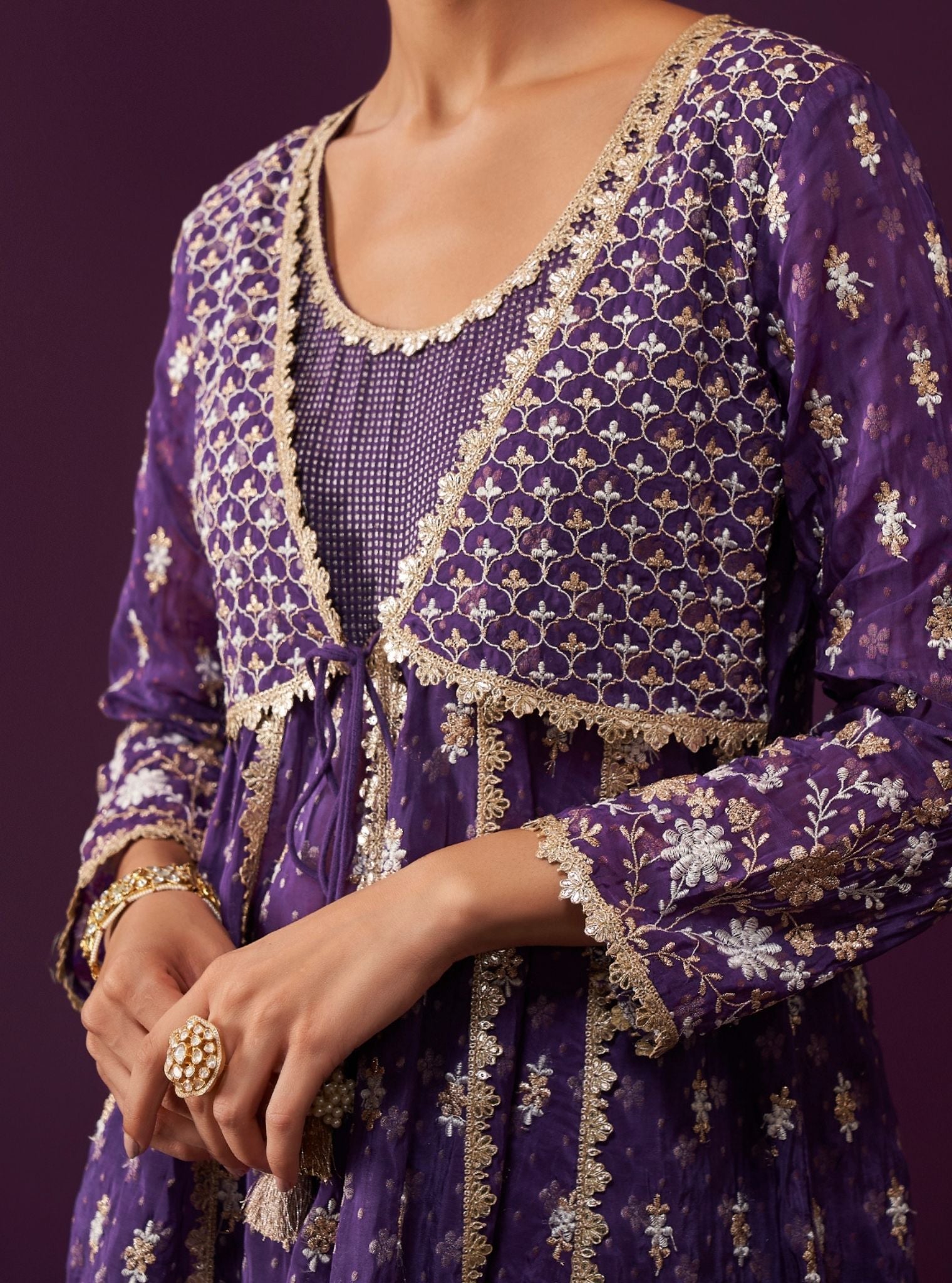 Mulmul Banarsi Nyah Purple Short Anarkali Kurta With Mulmul Banarsi Nyah Purple Dhoti Pant