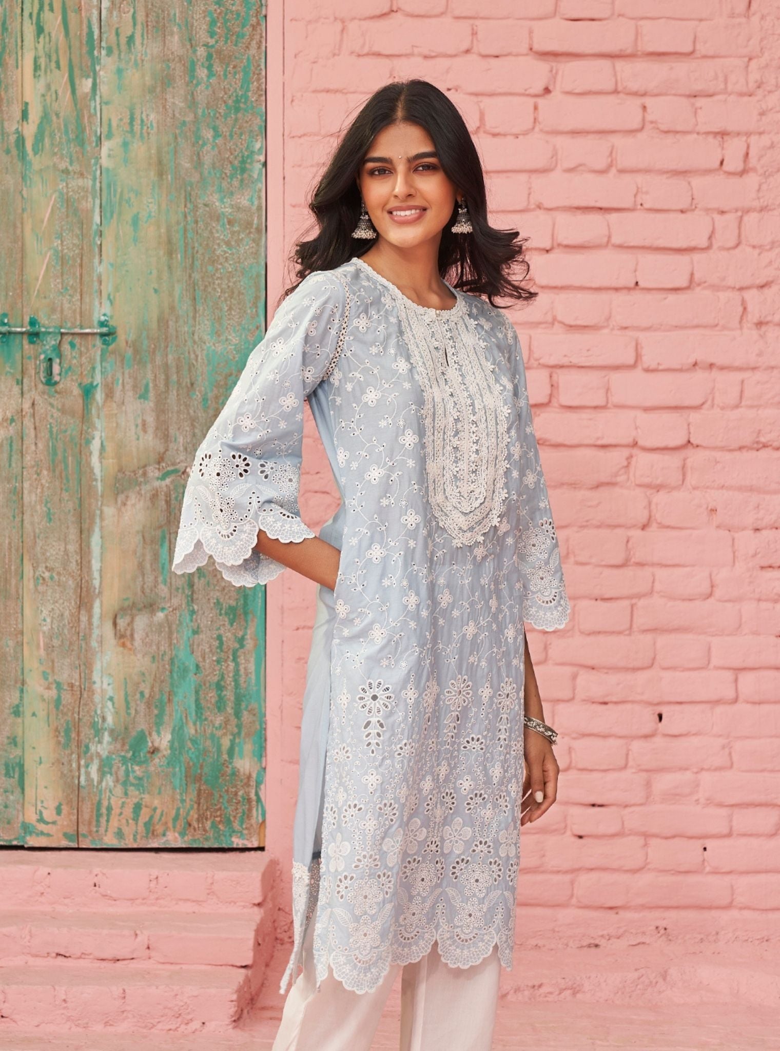 Mulmul Cotton Gauri Light Blue Kurta With Mulmul Cotton Fiza White Pant