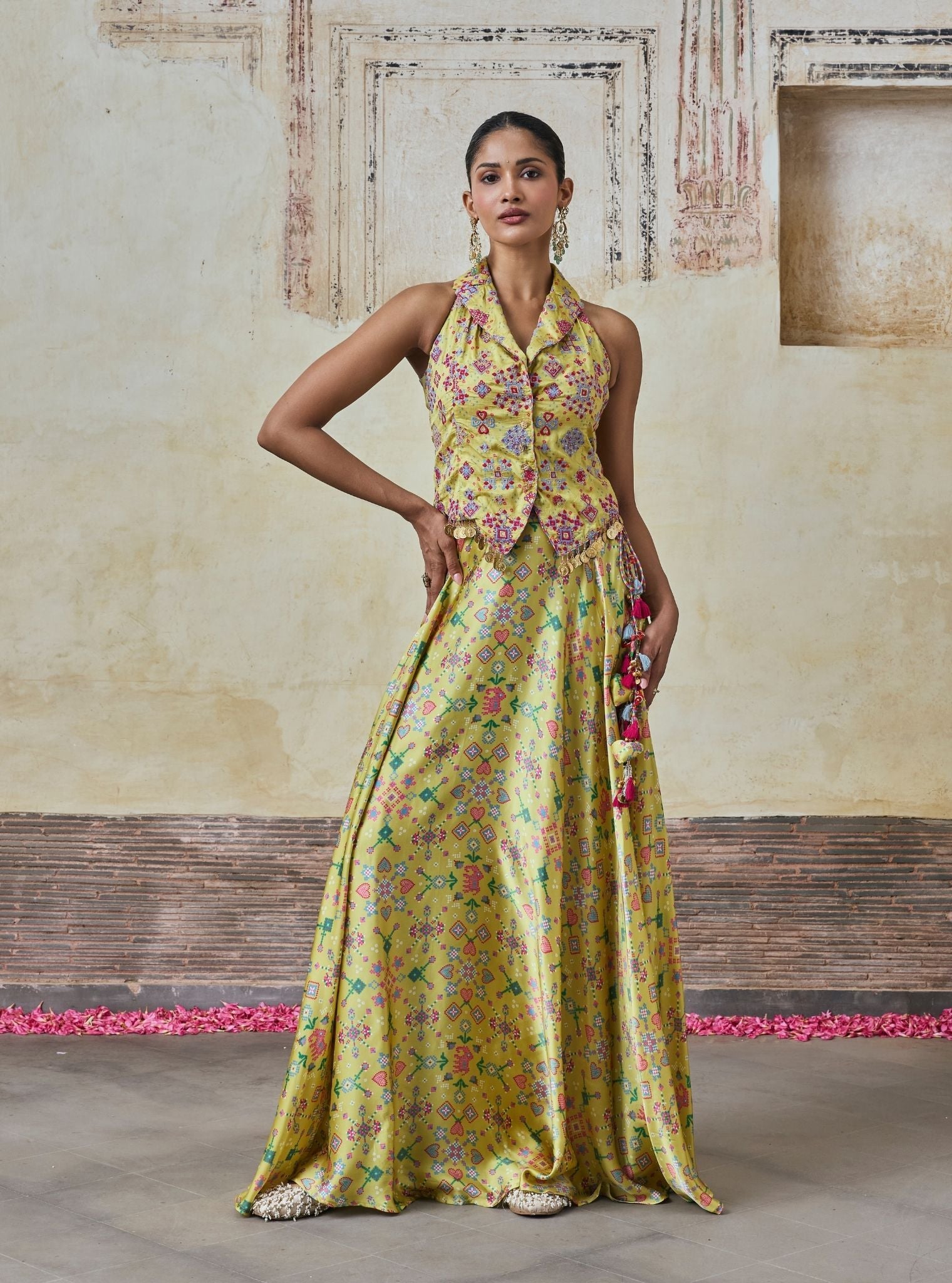Sarangni Bemberg Raw Silk Printed Lime Waistcoat & Skirt Set