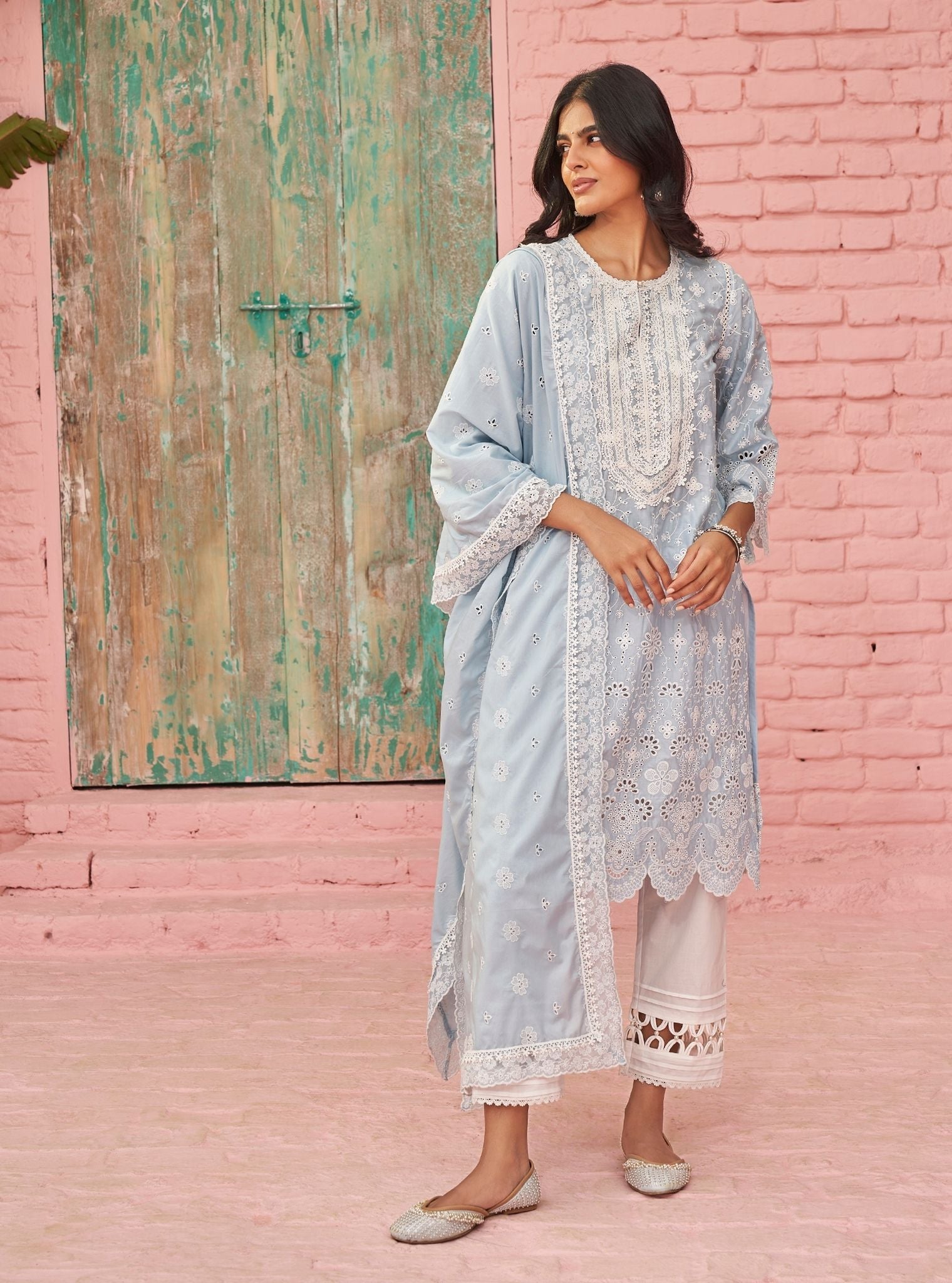 Mulmul Cotton Gauri Light Blue Kurta With Mulmul Cotton Fiza White Pant