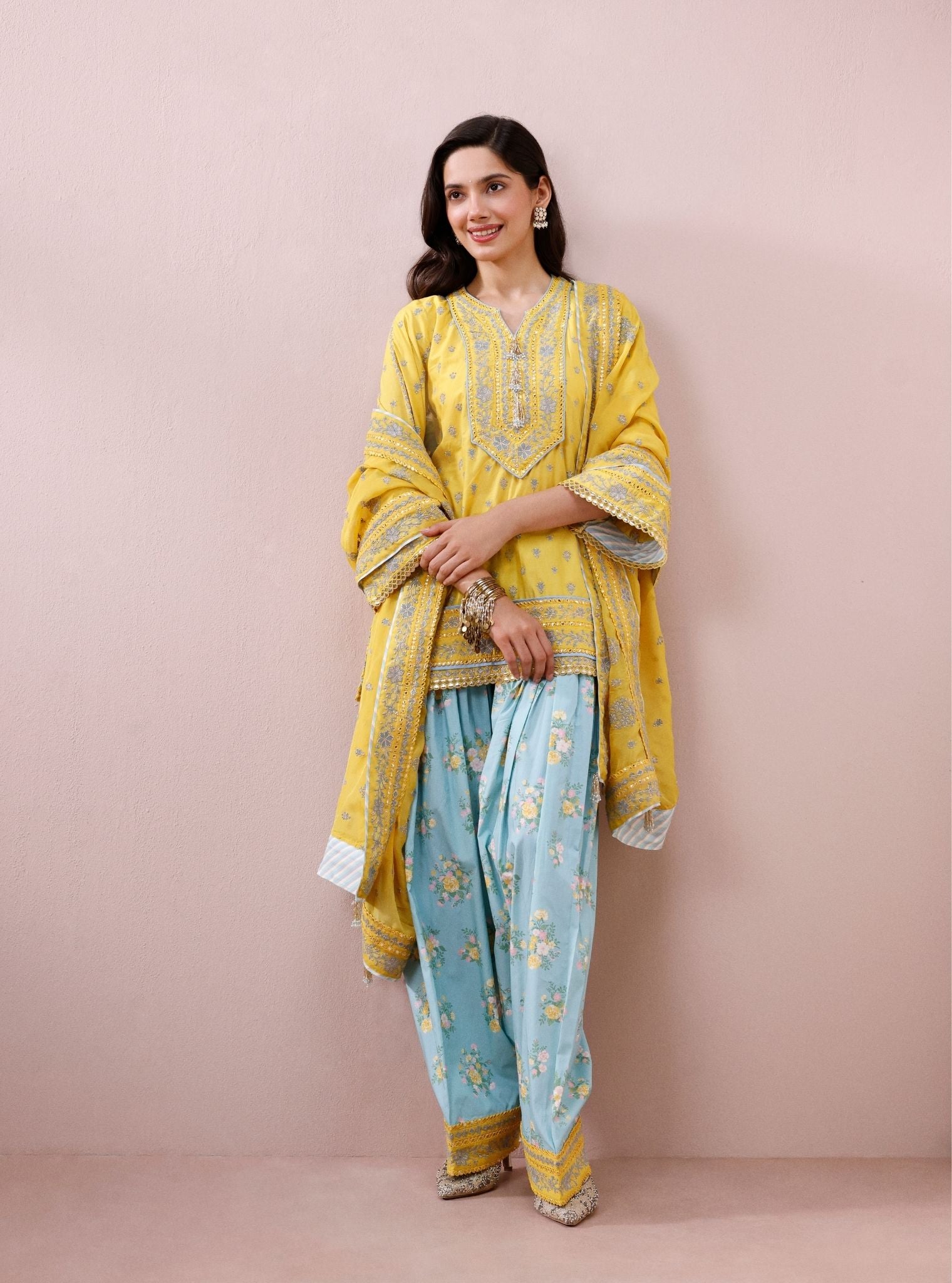 Sivi Supima Cotton Yellow Kurta with Farshi Salwar