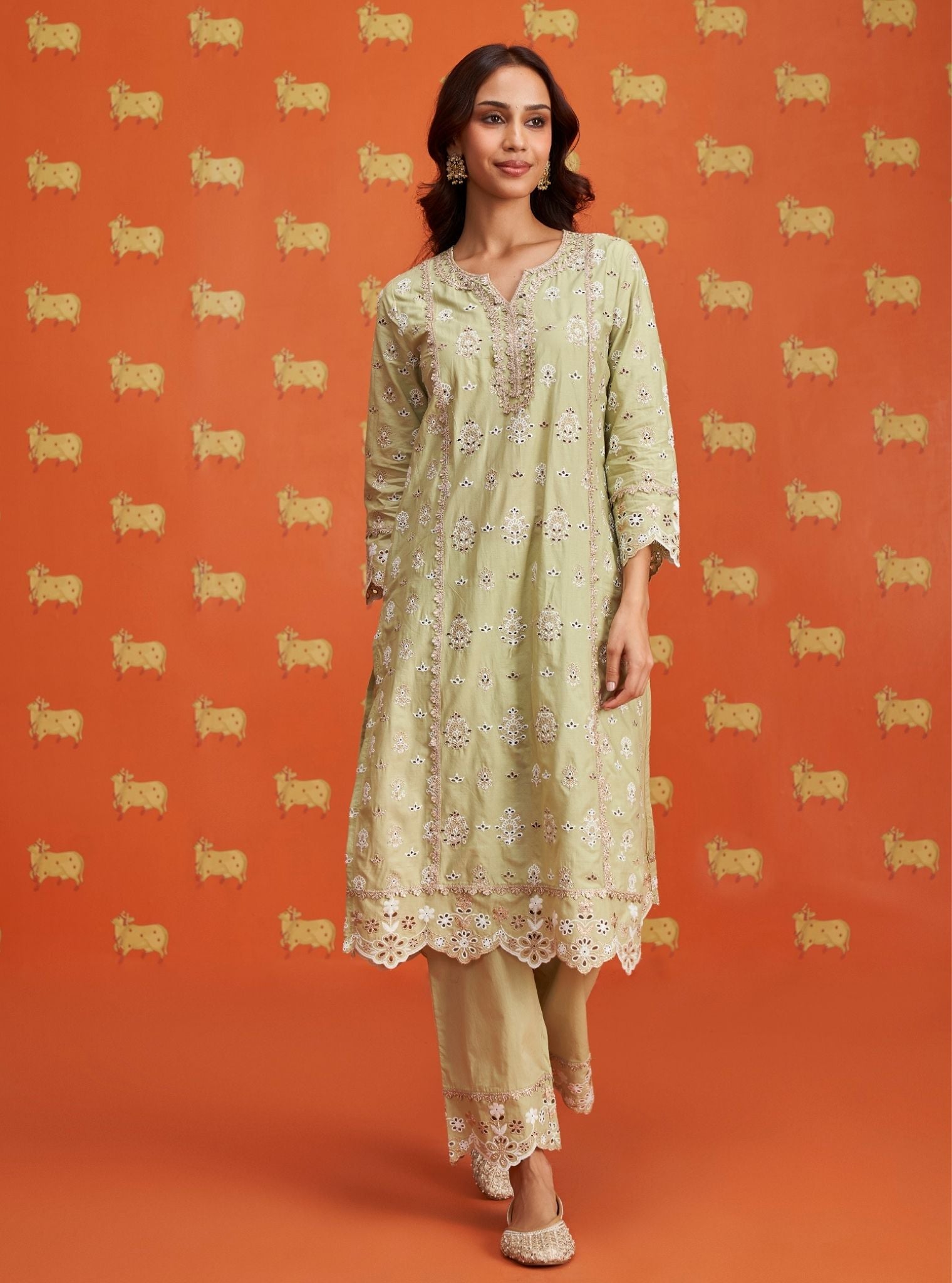 Mulmul Cotton Lamai Green Kurta With Mulmul Cotton Lamai Green Pant