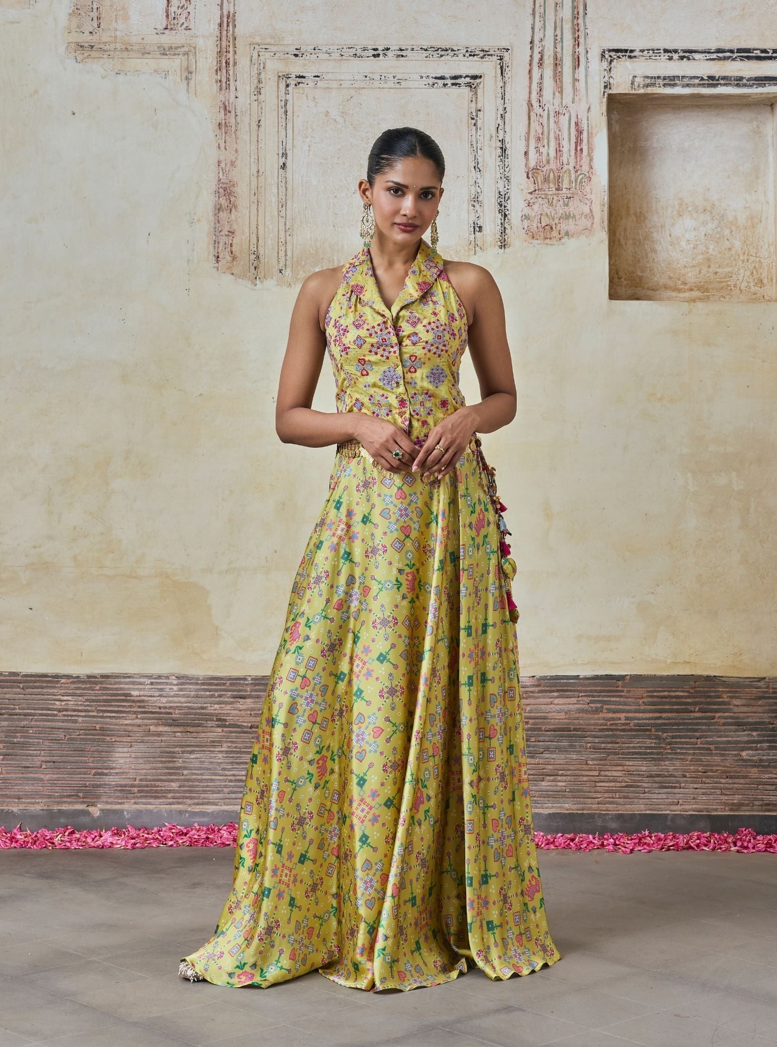 Sarangni Bemberg Raw Silk Printed Lime Waistcoat & Skirt Set