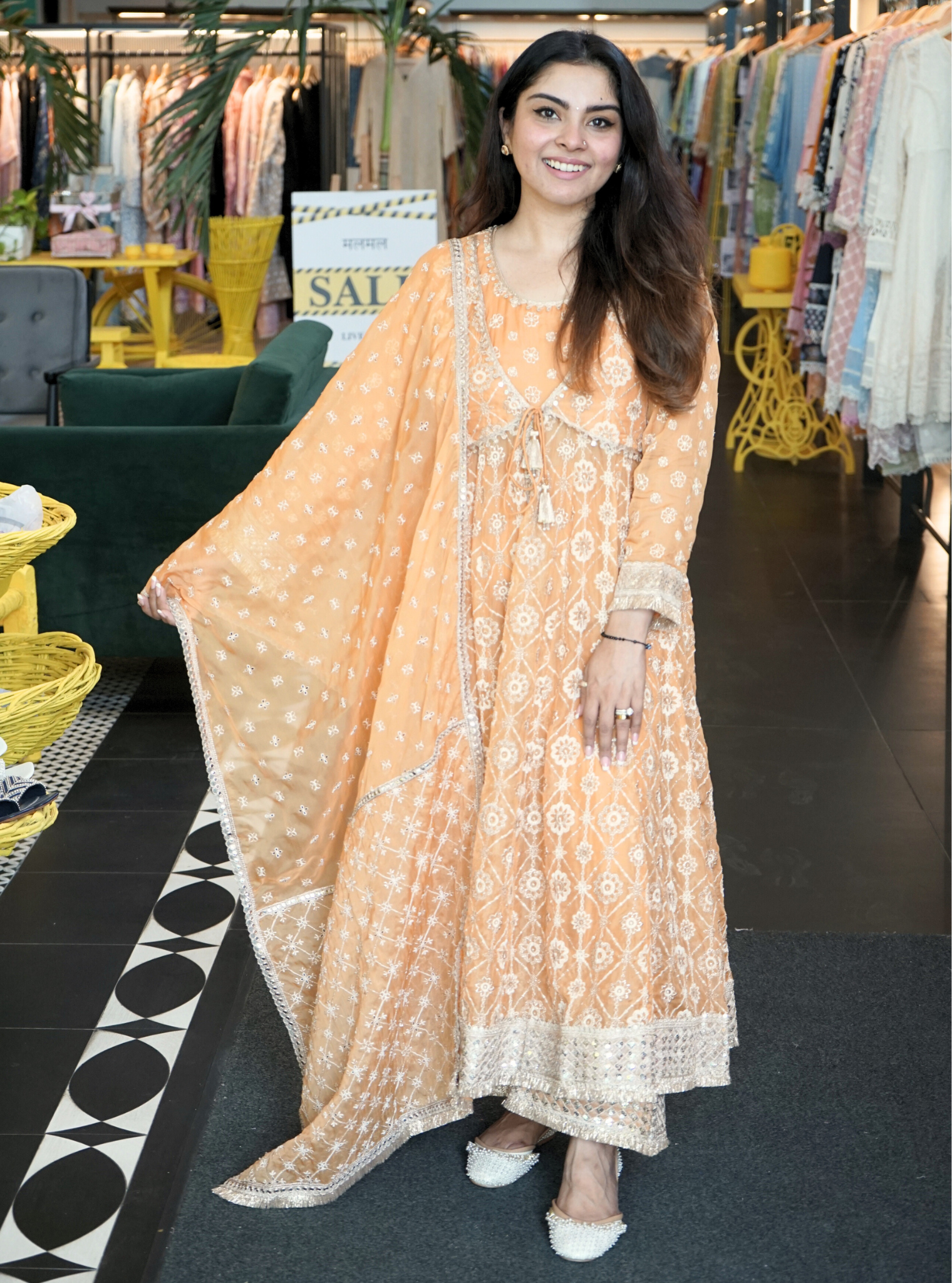 Mulmul Organza Ghoomar Anarkali Orange Kurta with Mulmul Pima Ghoomar Orange Pant