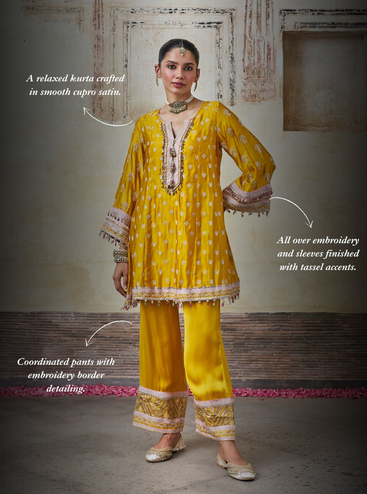 Maeri Cupro Satin Mustard Kurta Set