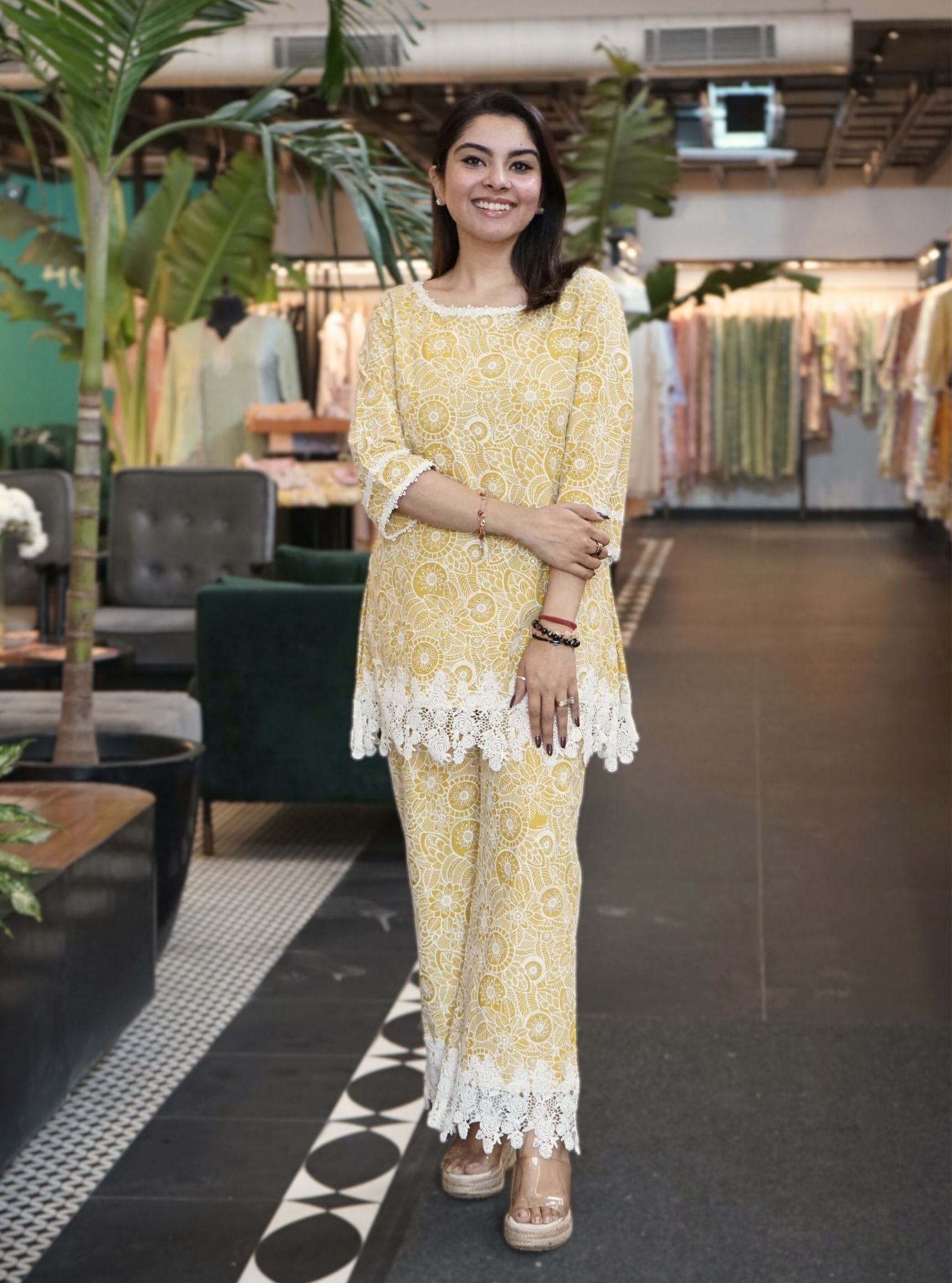 Mulmul Cotton Banska Mustard Top With Mulmul Cotton Banska Mustard Pant