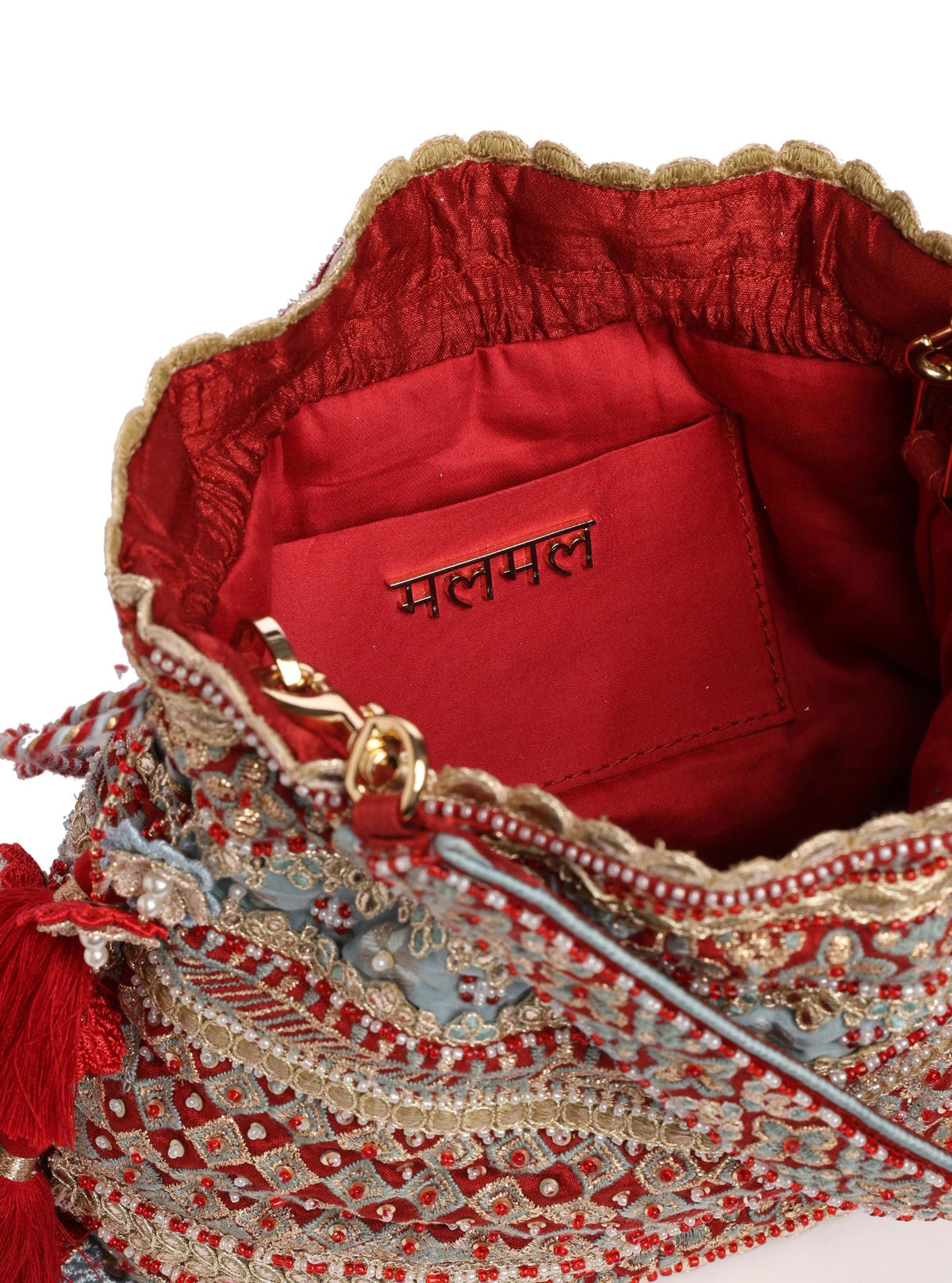 Shade of Sky Red & Blue Tassel Potli Bag