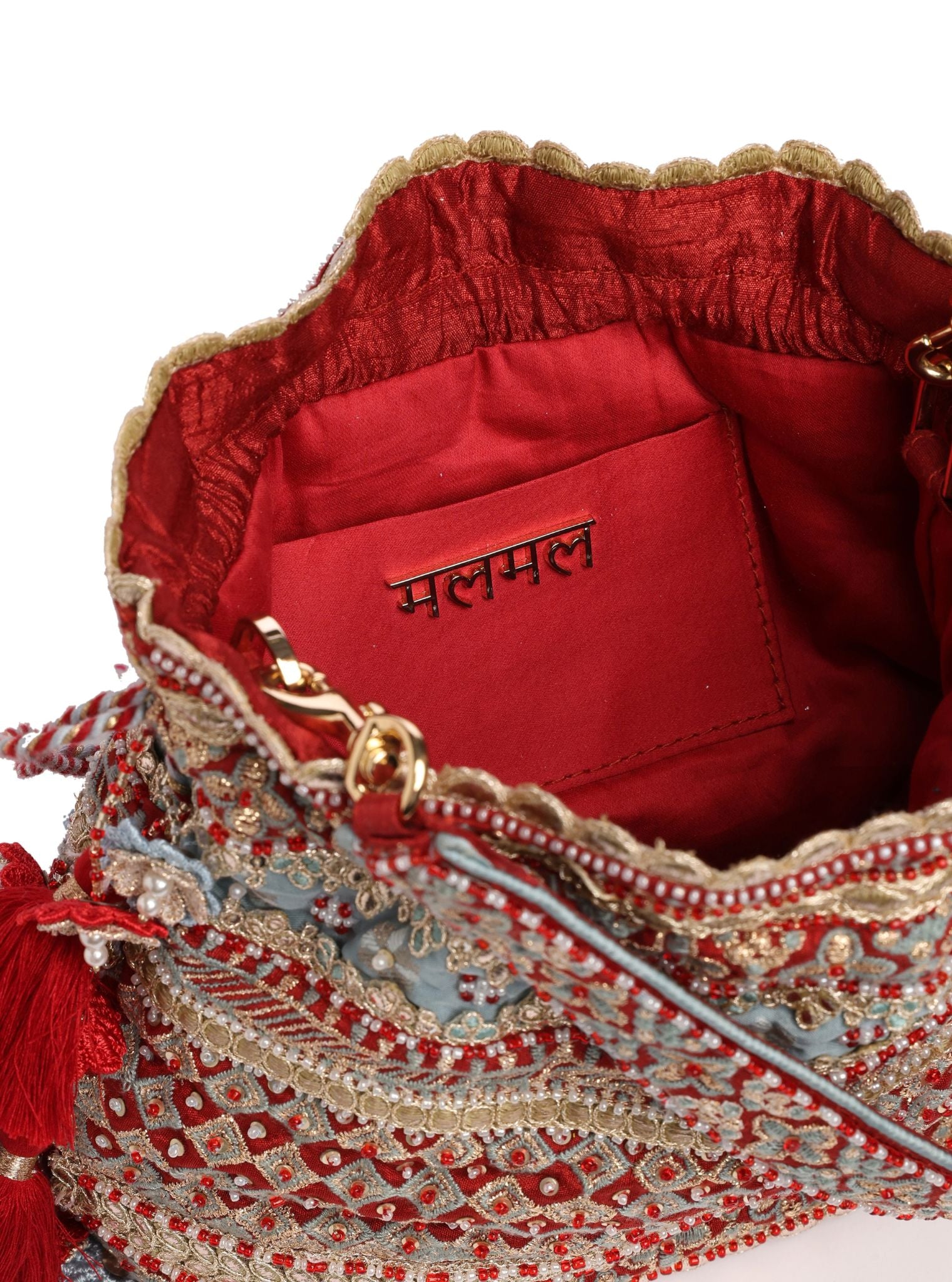 Shade of Sky Red & Blue Tassel Potli Bag