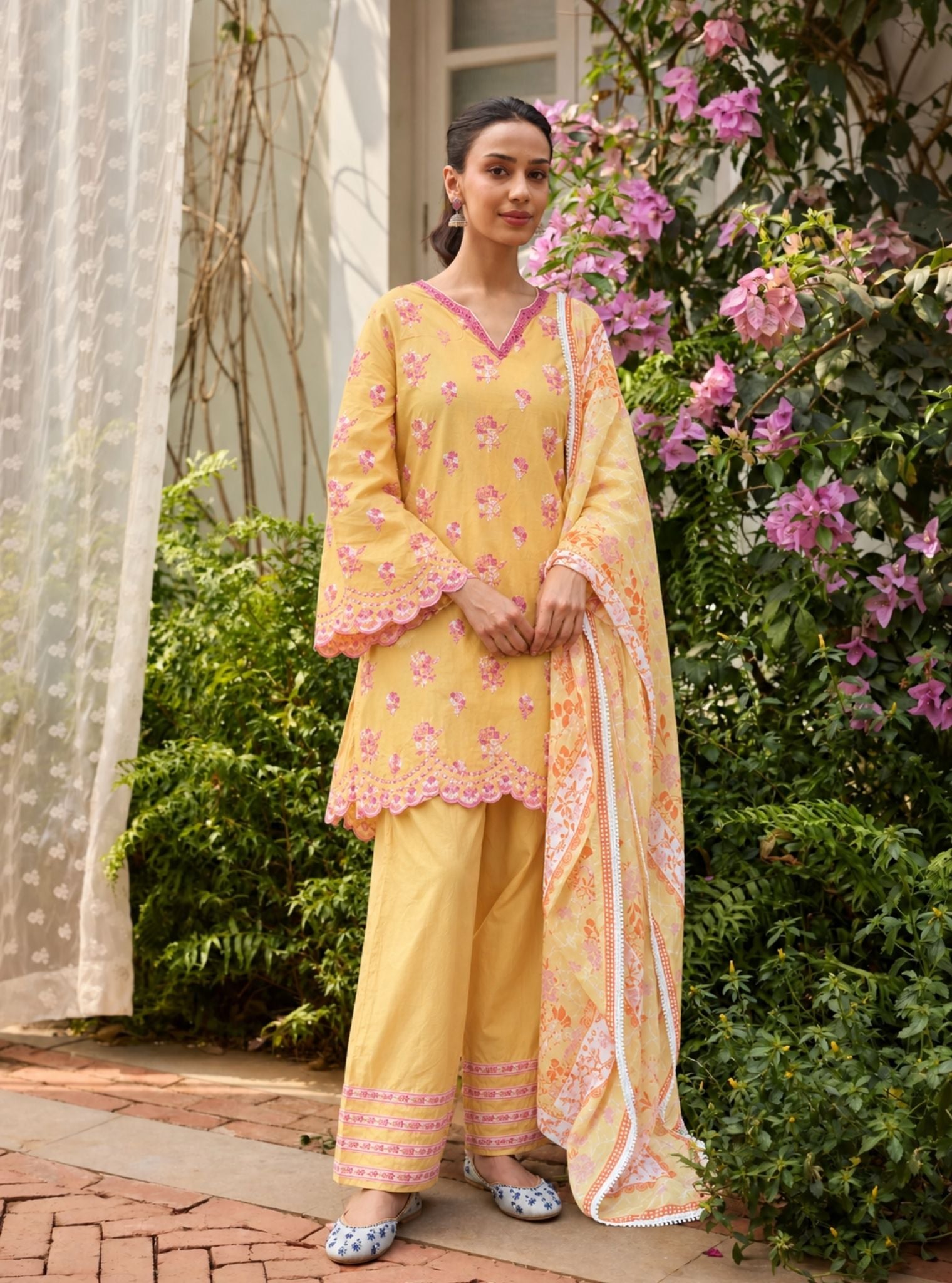 Aviya Supima Cotton Yellow Kurta With Farshi Salwar