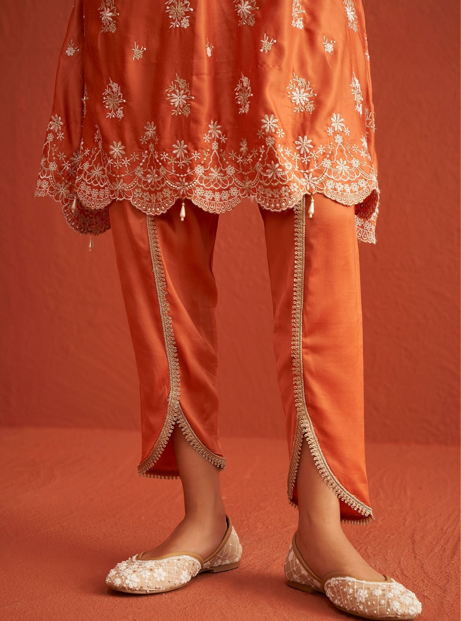 Mulmul Bemberg Satin Kangna Burnt Orange Kurta With Mulmul Bemberg Satin Kangna Burnt Orange Pant