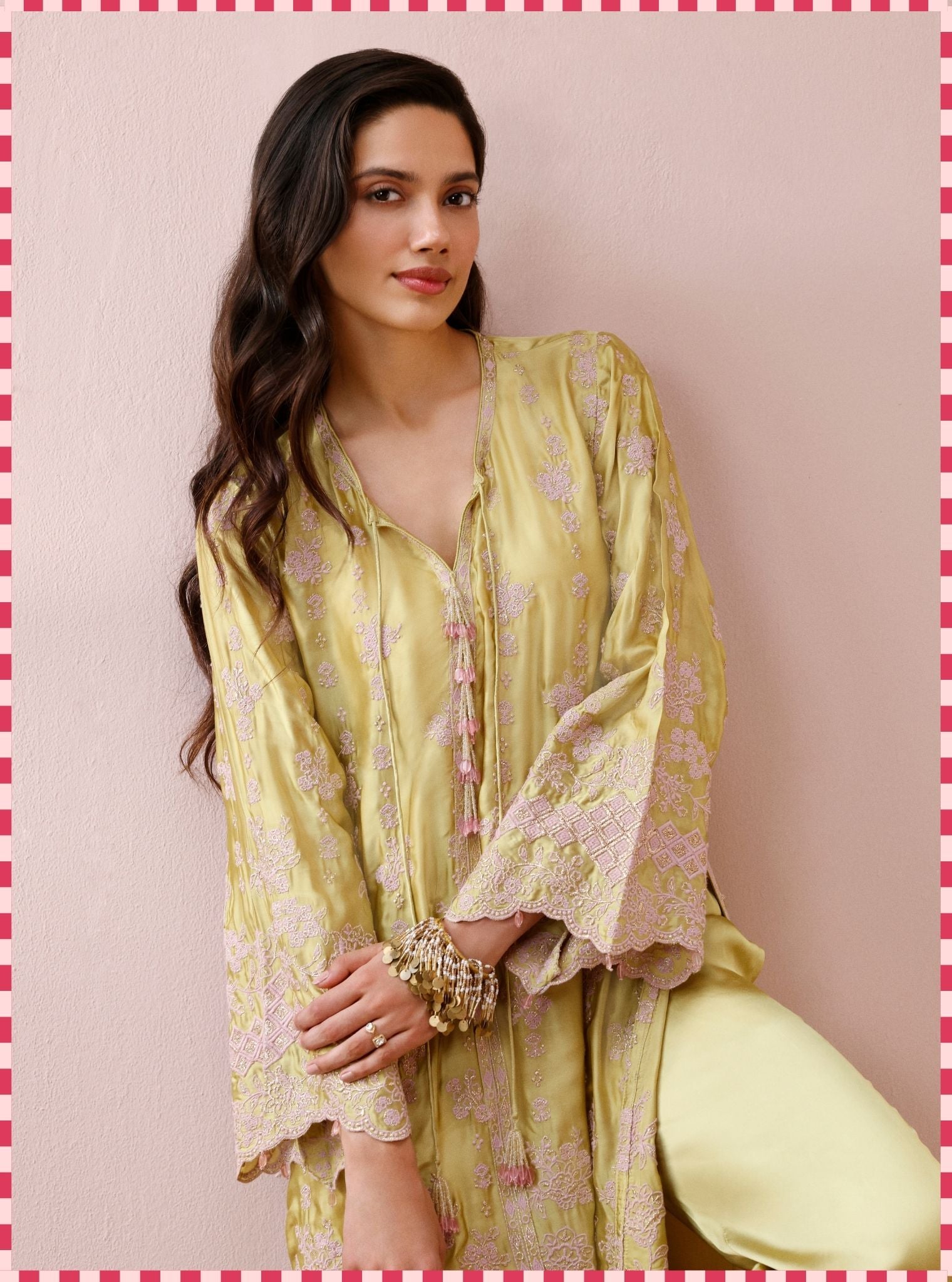 Arlette Cupro Satin Lime Long Kaftan Set