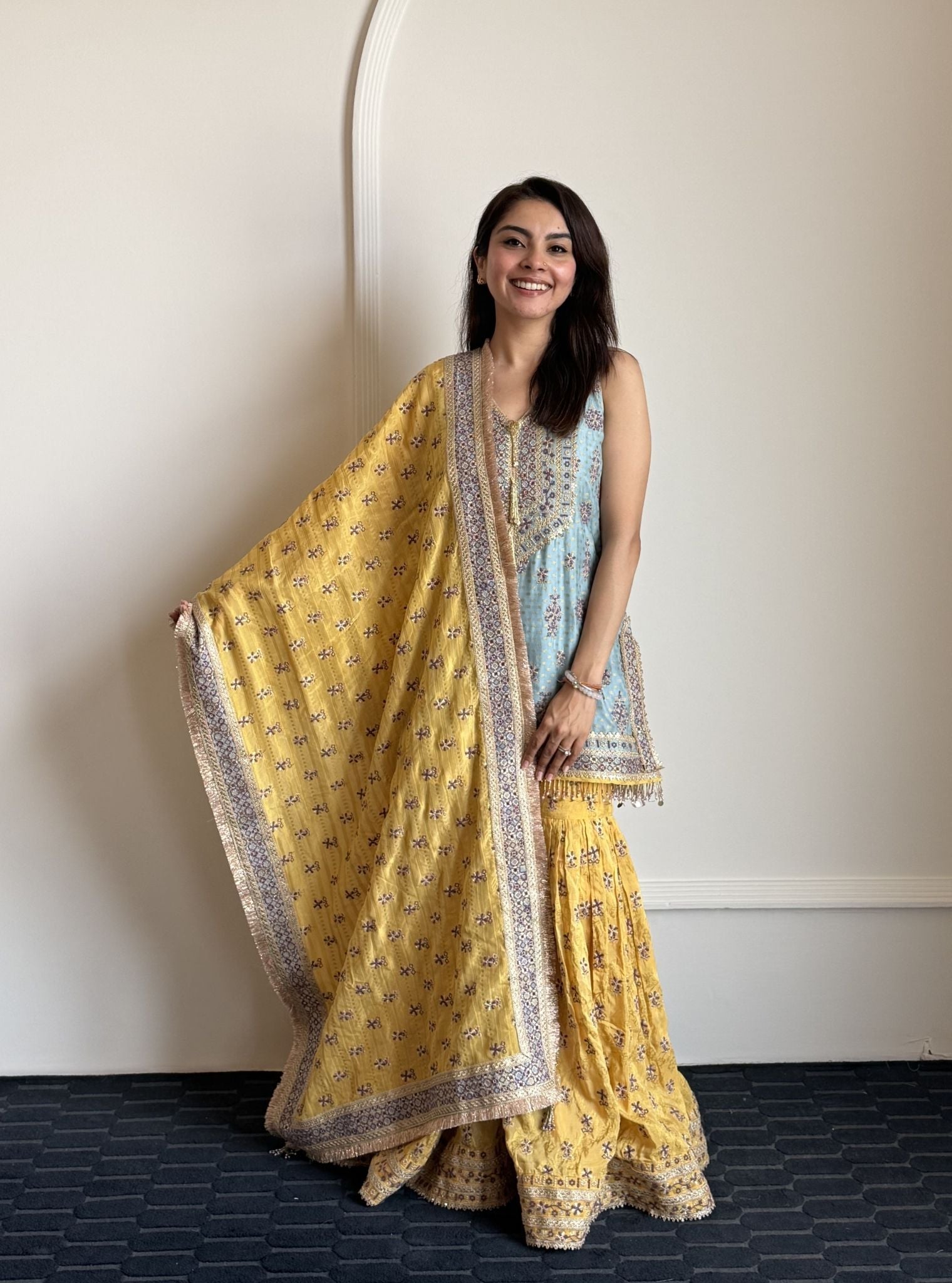 Dali Banarasi Blue Kurta with Mustard Garara