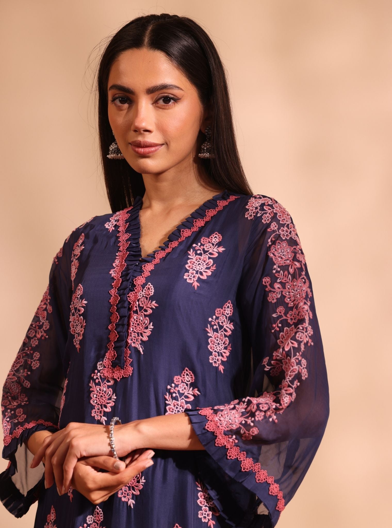 Mulmul Organza Valara Navy Kurta With Mulmul Cotton Valara Navy Pant