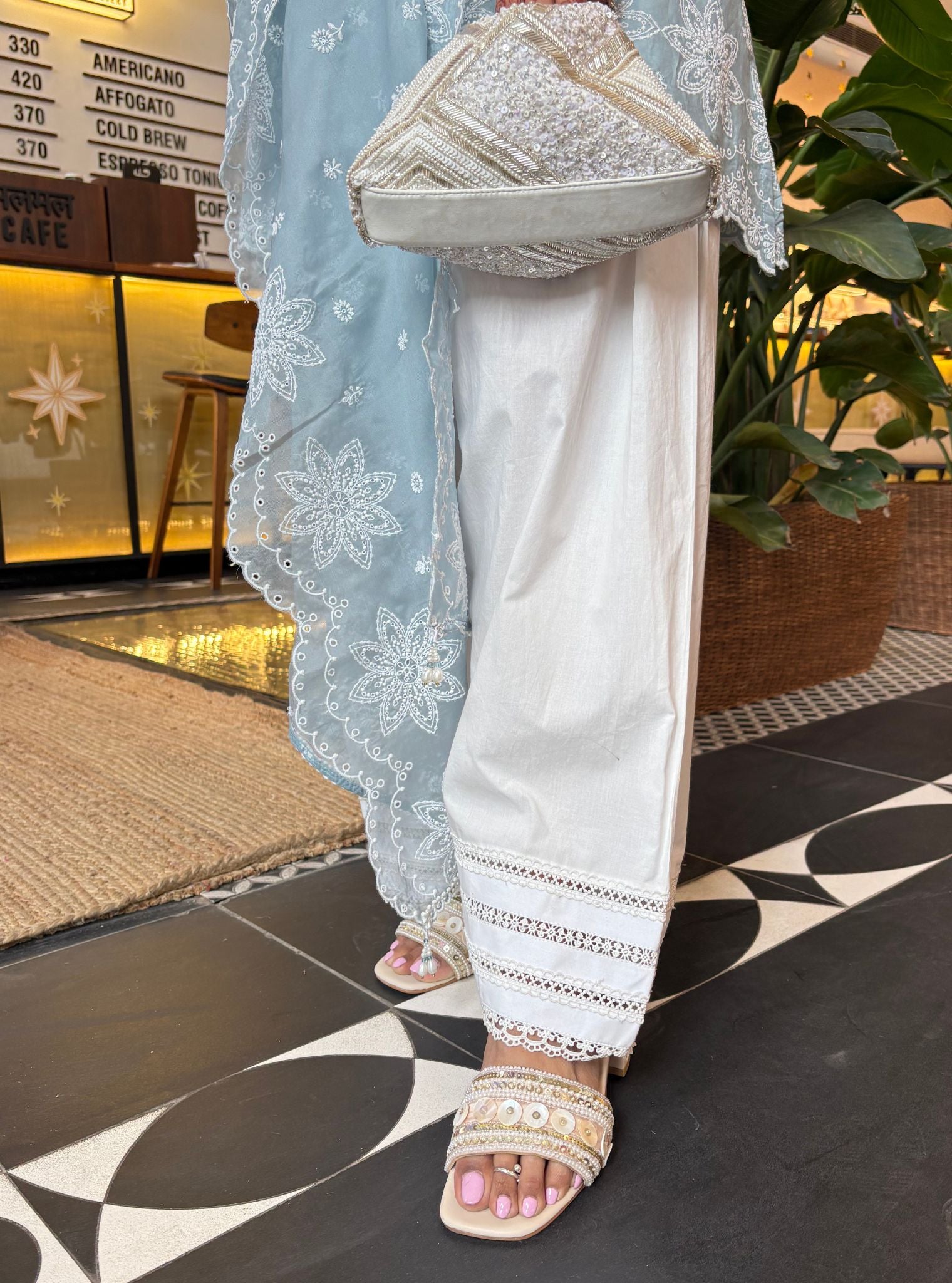 Zoa Supima Cotton Blue Kurta With Viona White Farshi Salwar