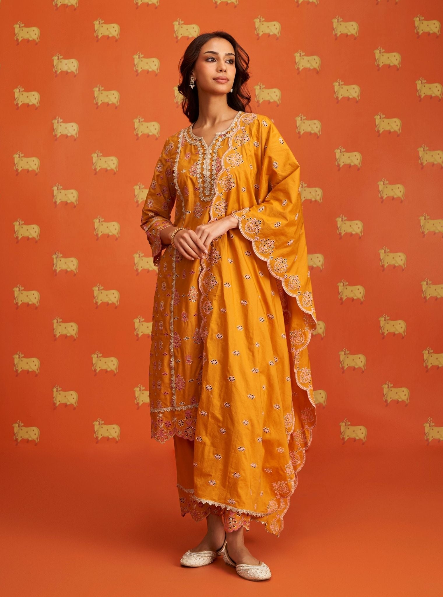 Mulmul Cotton Lamai Orange Kurta With Mulmul Cotton Lamai Orange Pant