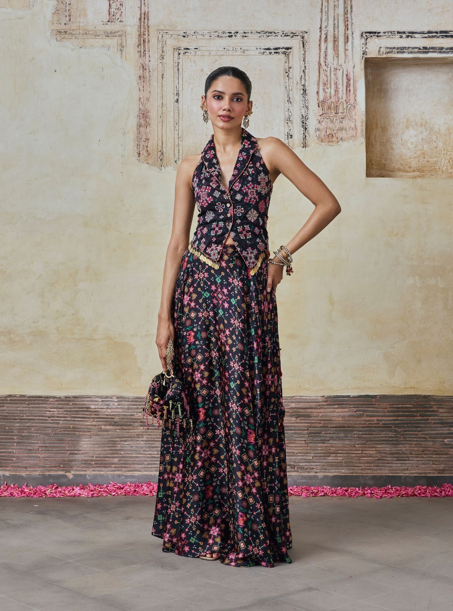 Sarangni Bemberg Raw Silk Printed Black Waistcoat & Skirt Set