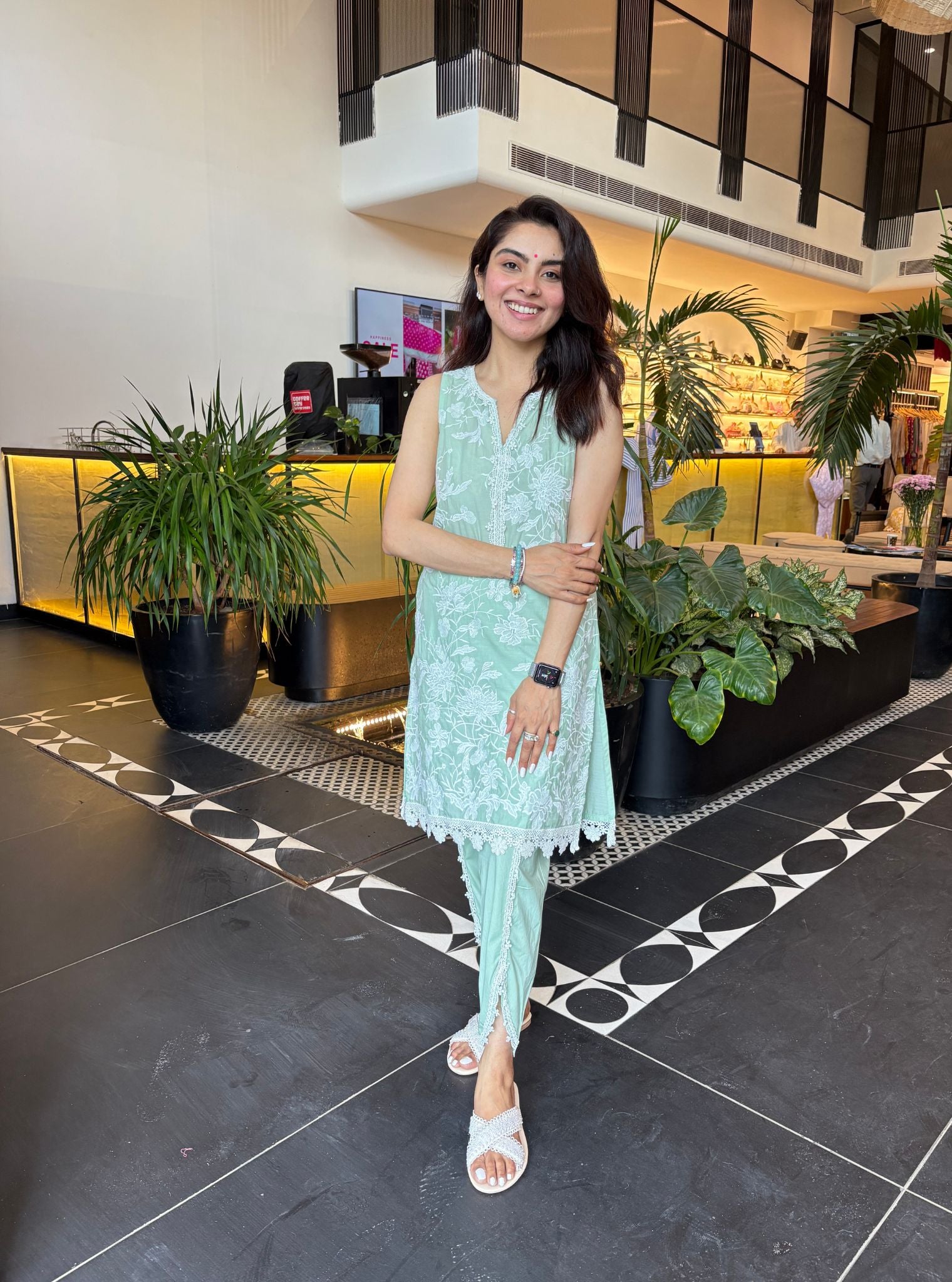 Mulmul Cotton Midori Green Kurta With Mulmul Cotton Midori Green Pant