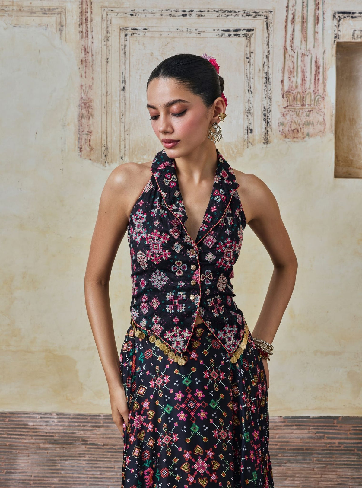 Sarangni Bemberg Raw Silk Printed Black Waistcoat & Skirt Set