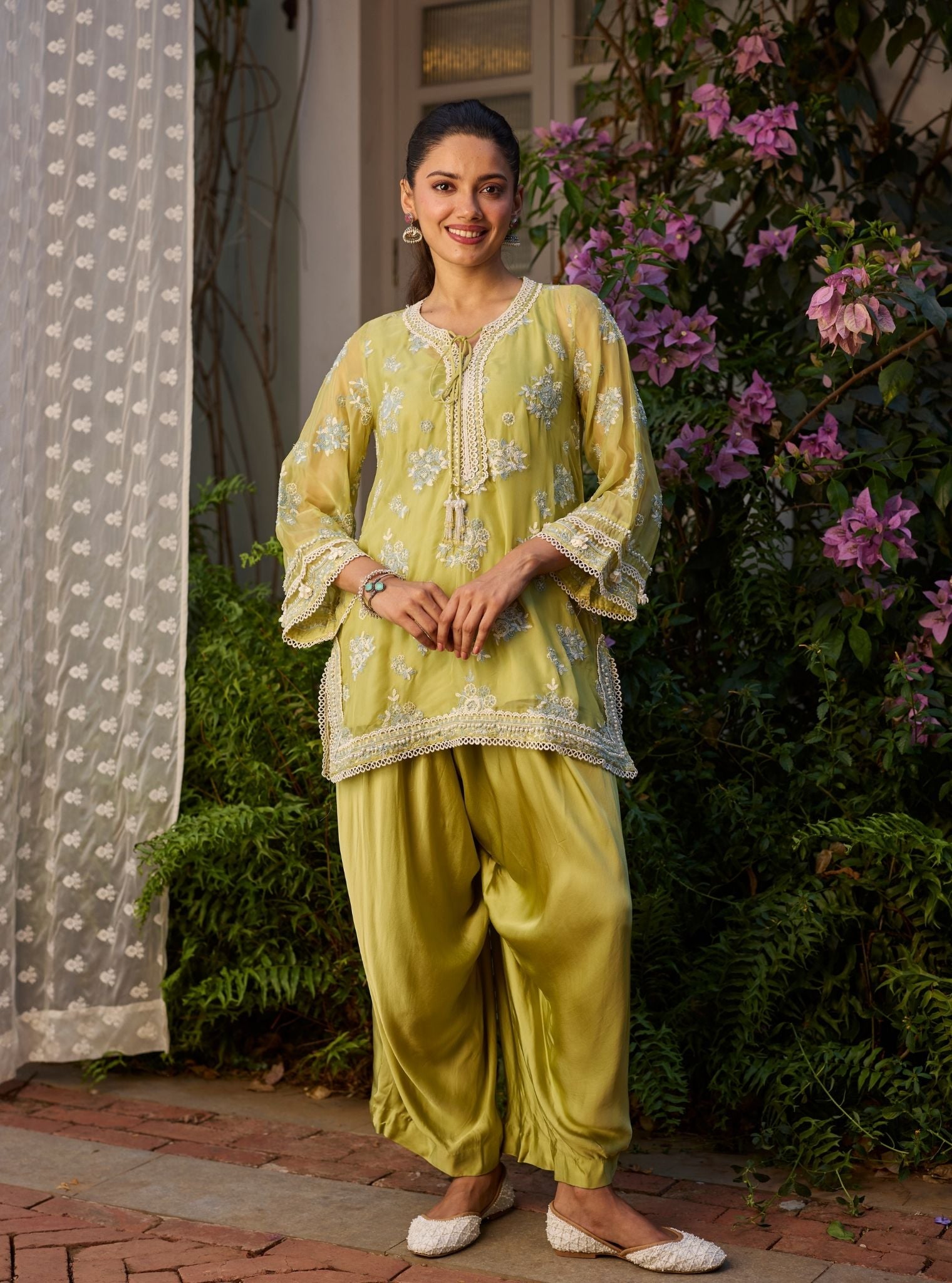 Zeni Organza Lime Kurta With Draped Cupro Pants