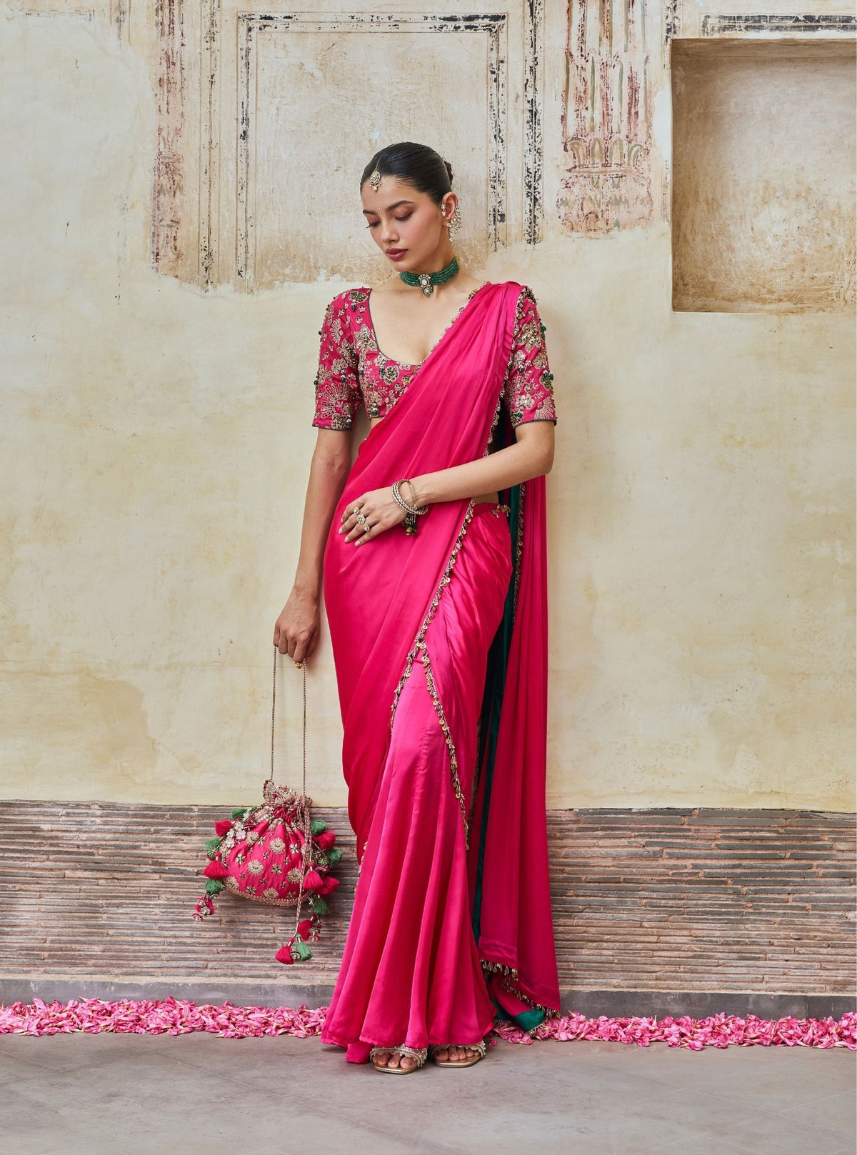 Saawari Cupro Satin Fuchsia Pre-draped Saree