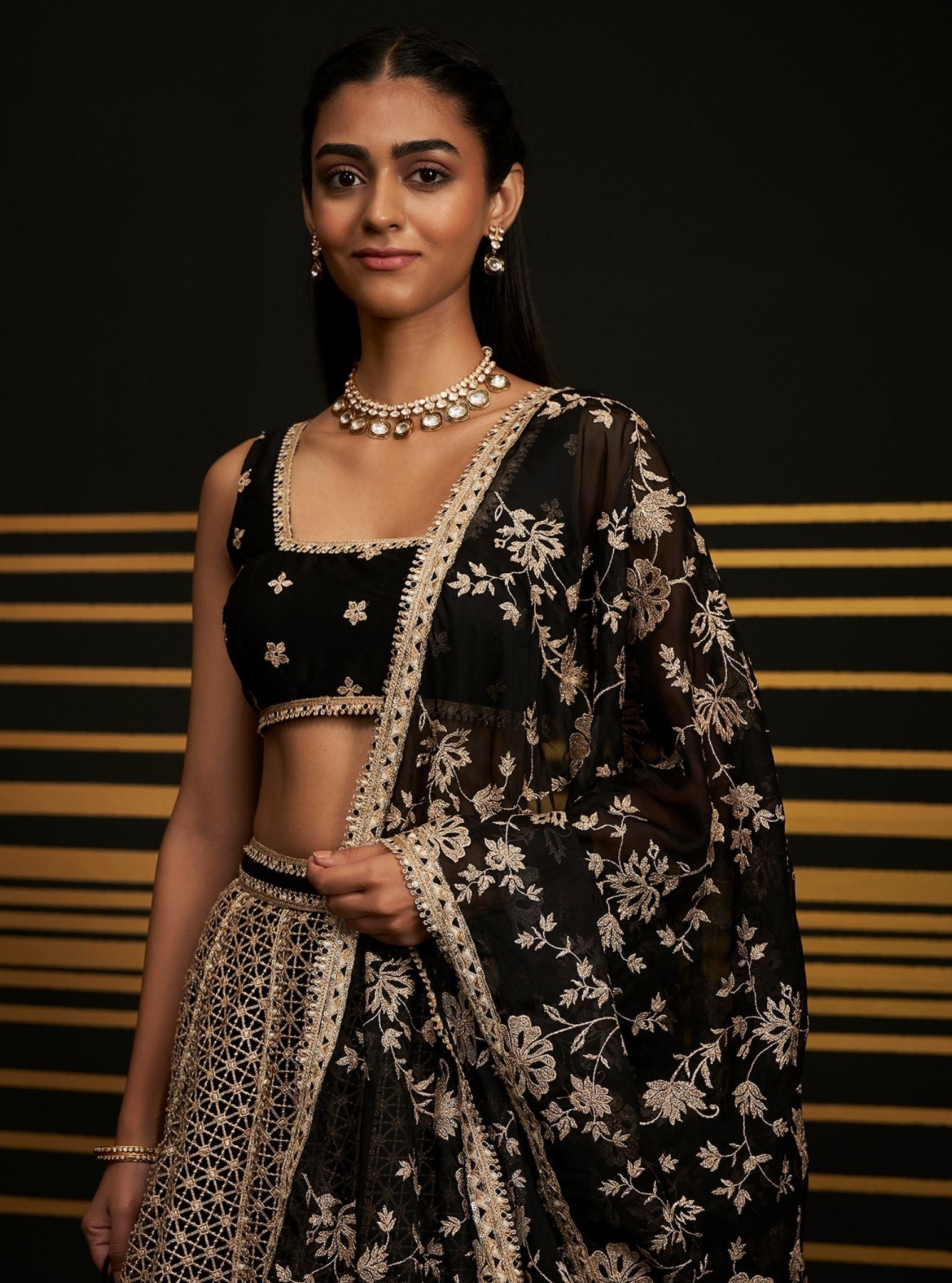 Mulmul Guipure Rehnuma Black lehenga