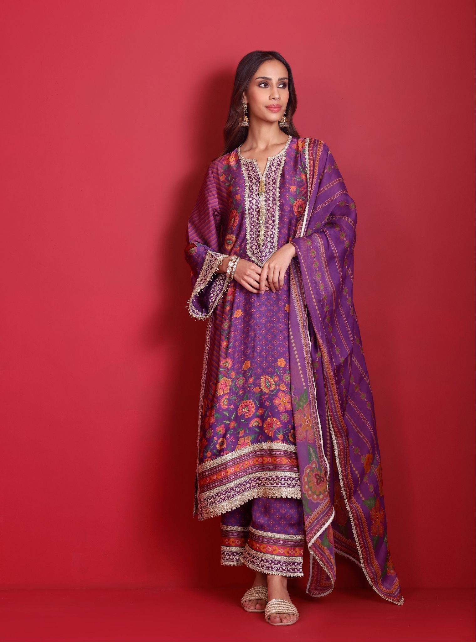 Mulmul Organza Printed Osha Purple Dupatta