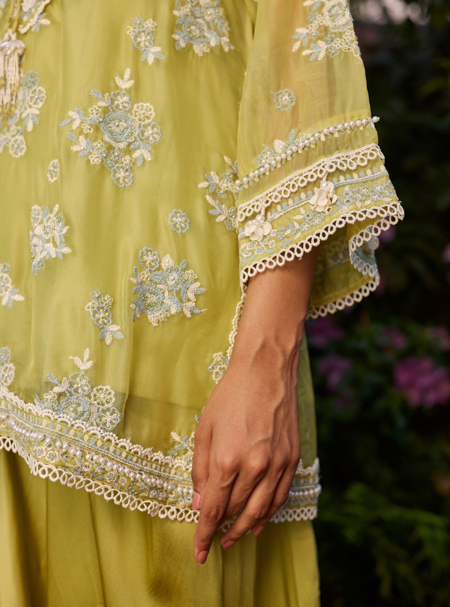 Zeni Organza Lime Kurta With Draped Cupro Pants