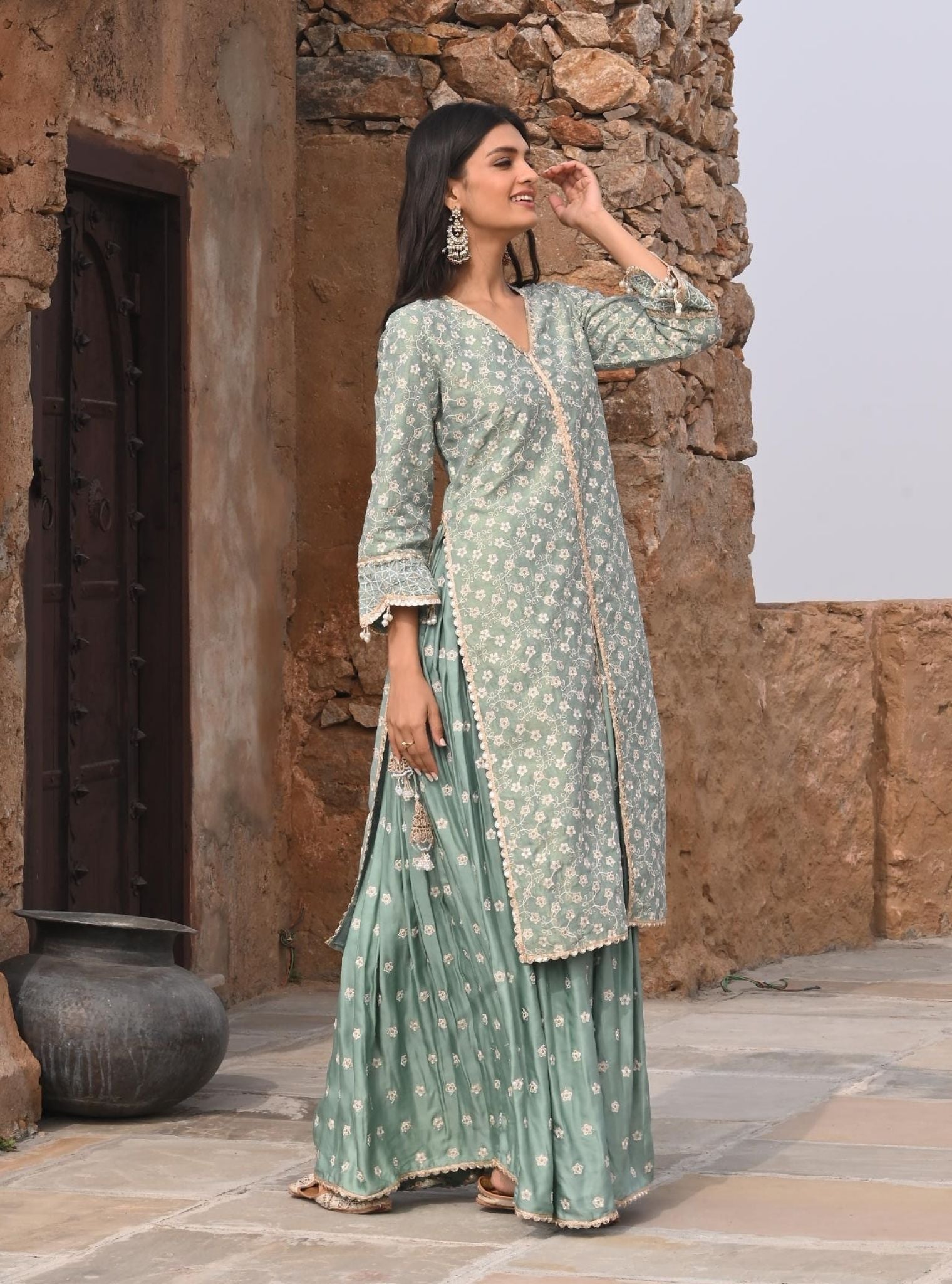 Mulmul Luxe Tissue Satin Maaeri Teal Blue Kurta with Mulmul Modal Satin Maaeri Teal Blue Skirt