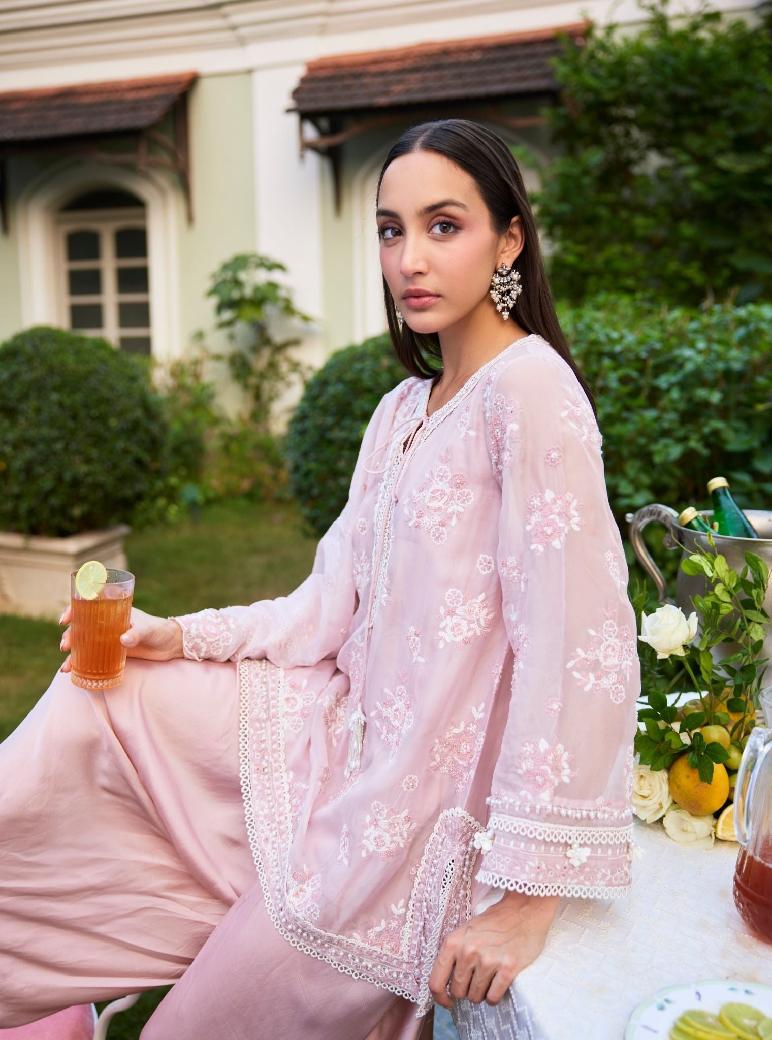 Zeni Organza Dusty Pink Kurta With Draped Pants