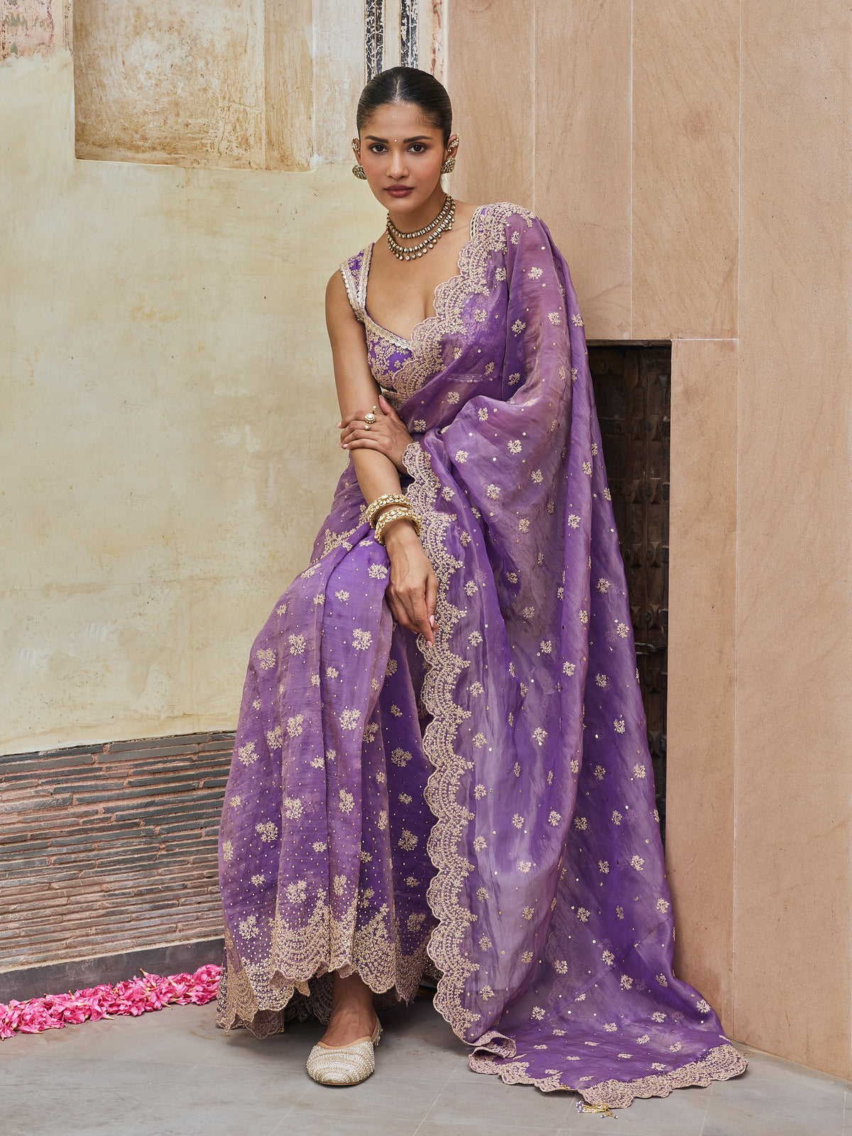 Adiva Lurex Organza Purple Pre-draped Saree