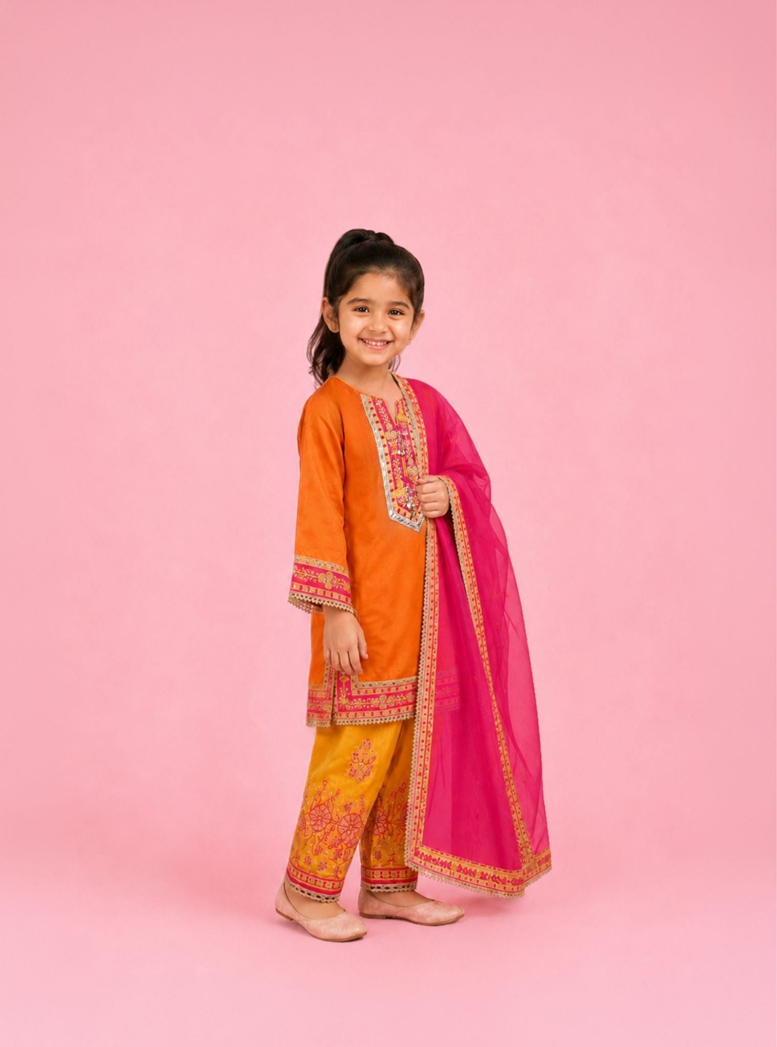 Caeli Cupro Satin Printed Orange & Mustard Kurta Set
