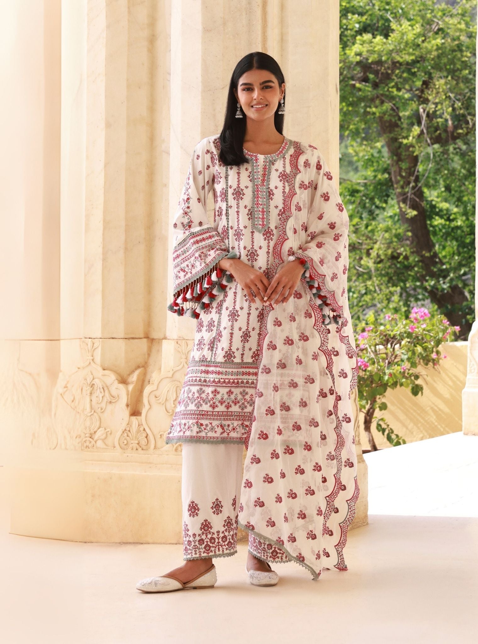 Mulmul Cotton Lomeya White Fuschia Teal Blue Dupatta