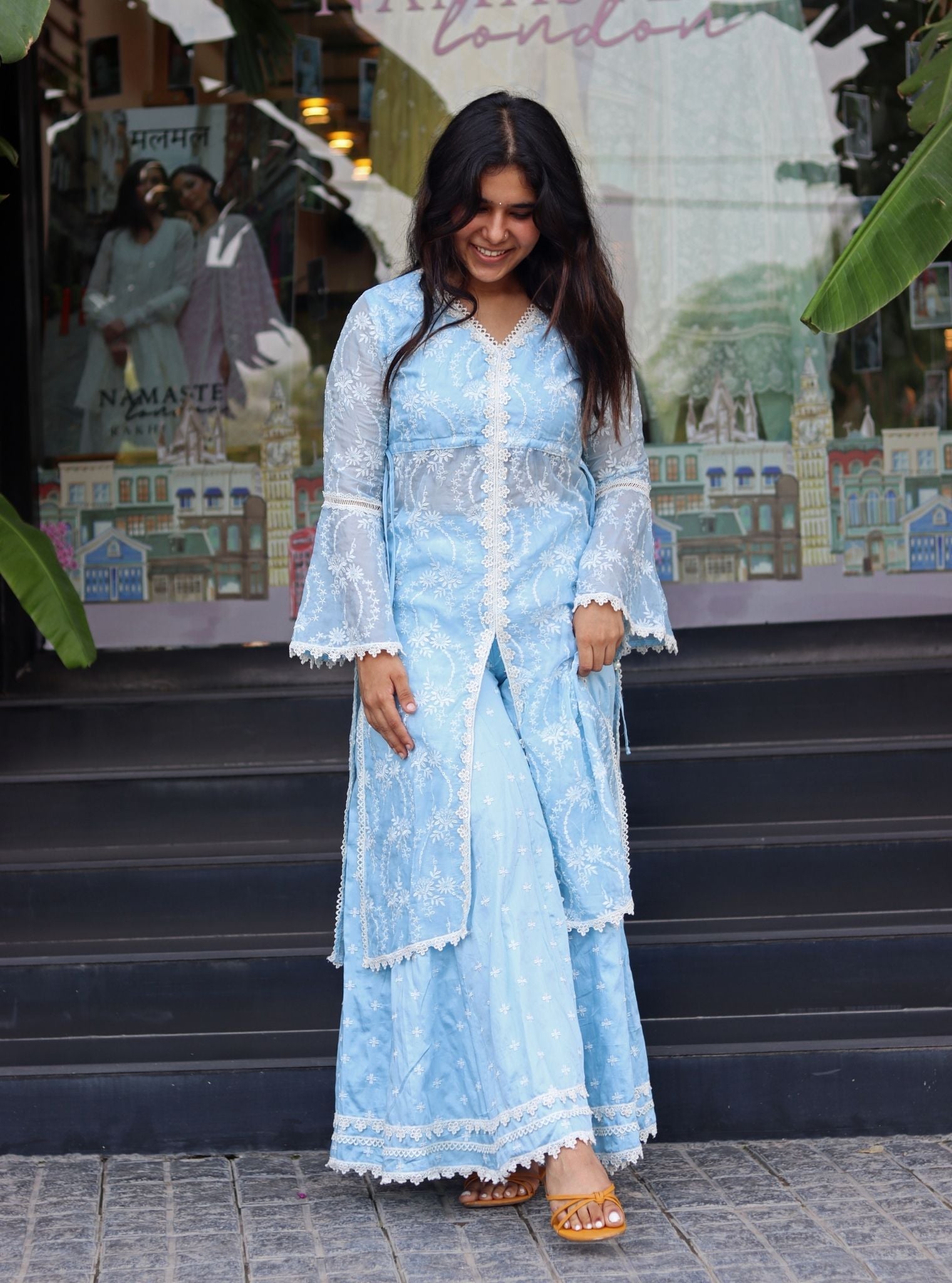 Mulmul Organza Gaia Blue Kurta With Mulmul Pima Gaia Blue Sharara