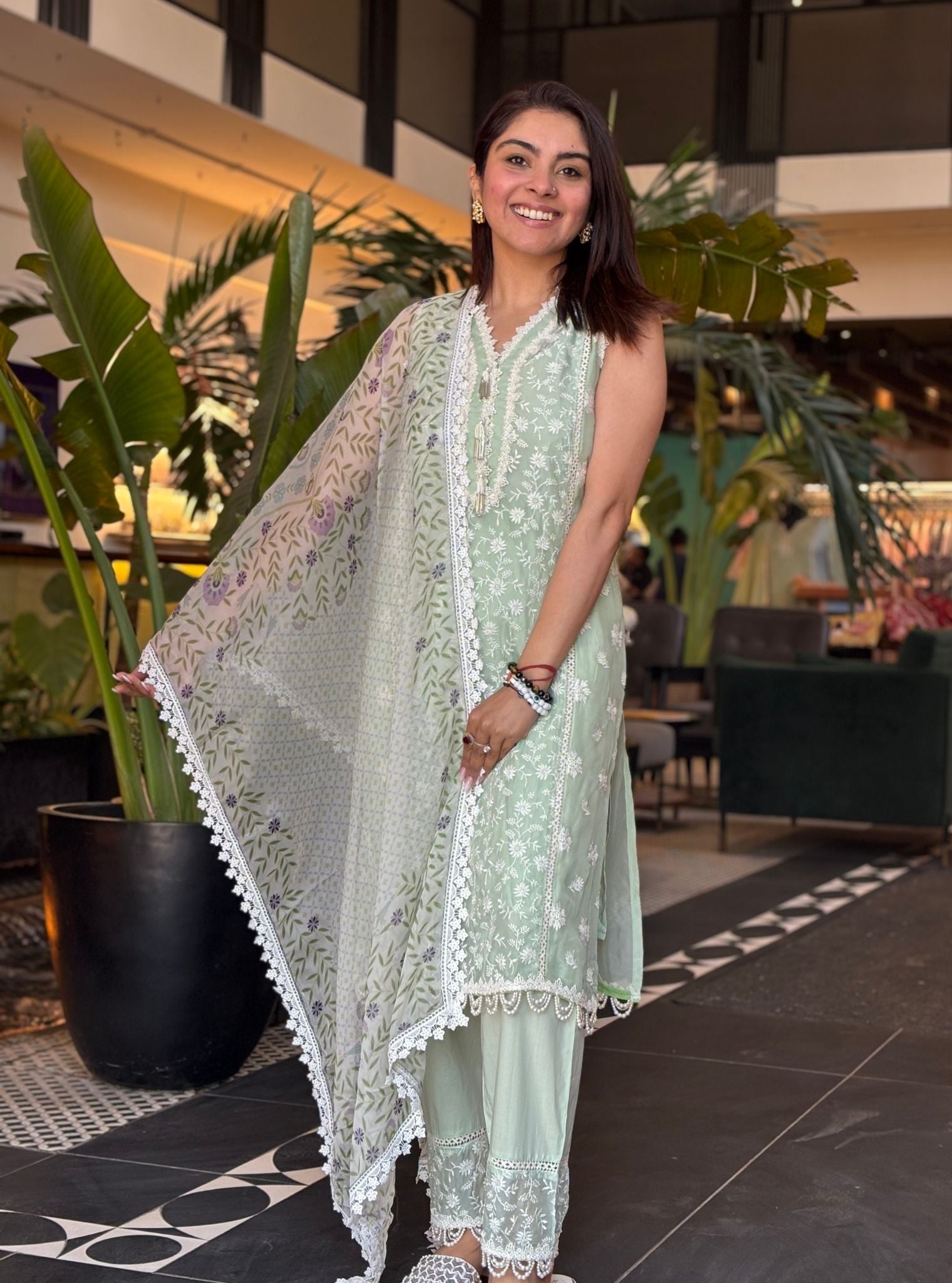 Mulmul Organza Cassandra Green Kurta With Mulmul Cotton Cassandra Green Pant